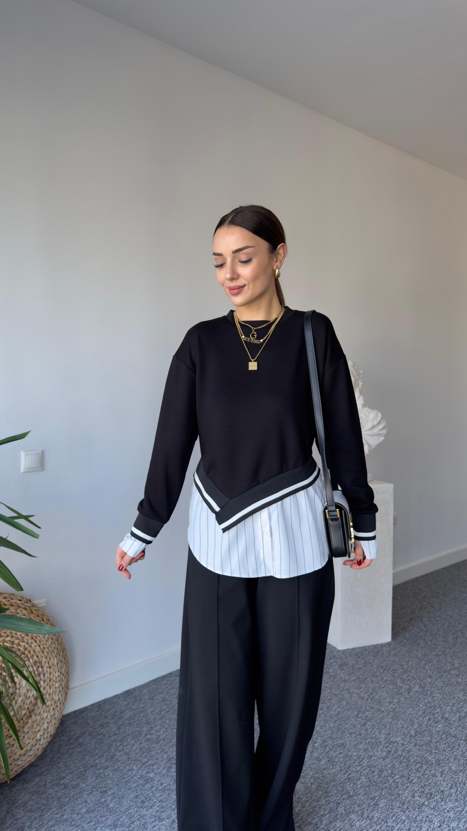 Asimetrik Ribanalı Çizgili Gömlek Detay Modal Sweat