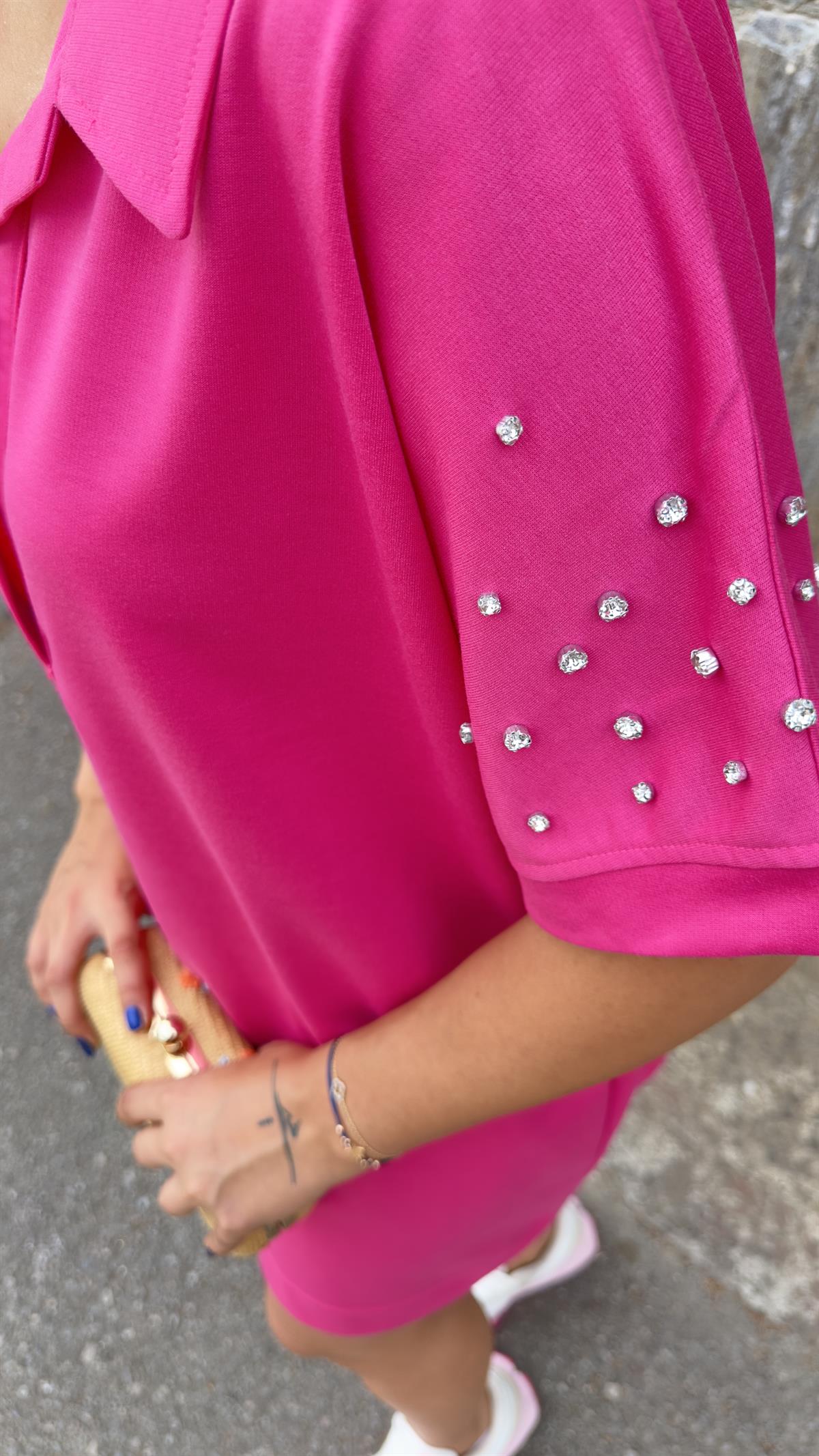 Kolu Taşlı Polo Yaka Pembe Elbise 
