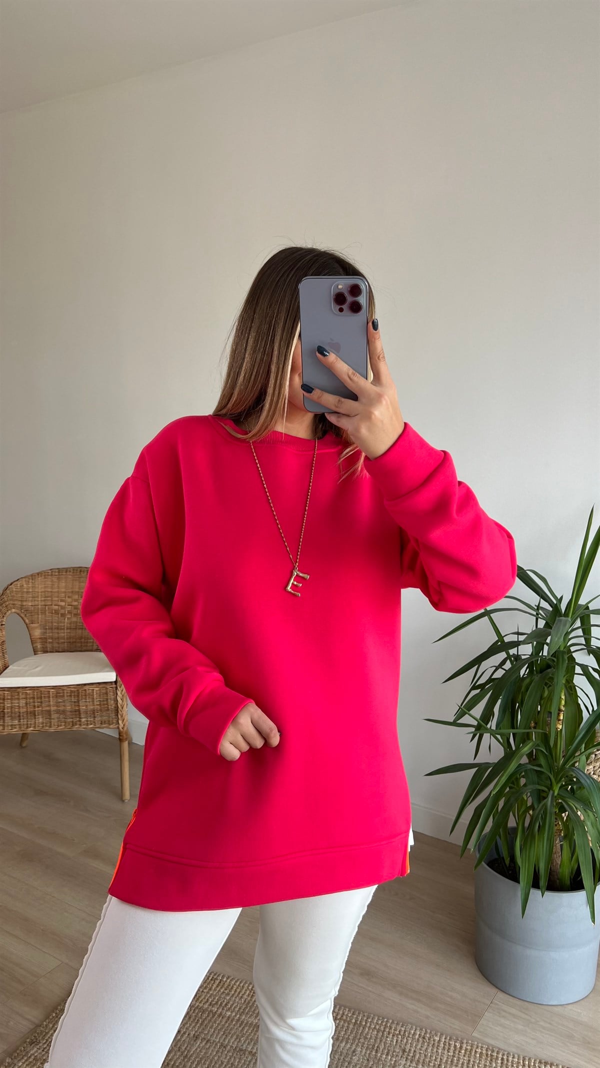 Yanı Fermuar Detaylı Salaş Fuşya Sweat