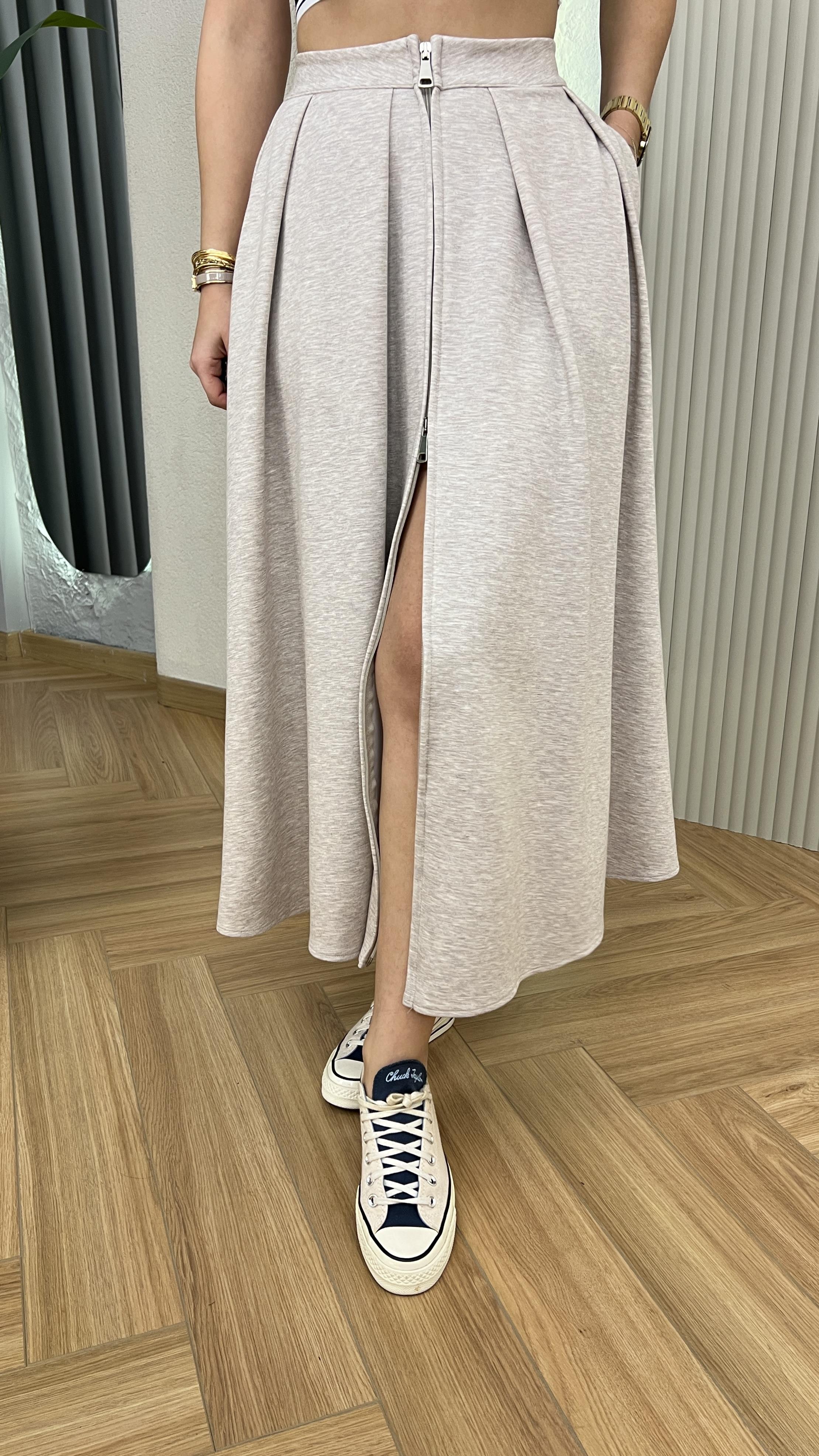 Bej Jette Çift Fermuarlı Premium Modal Etek