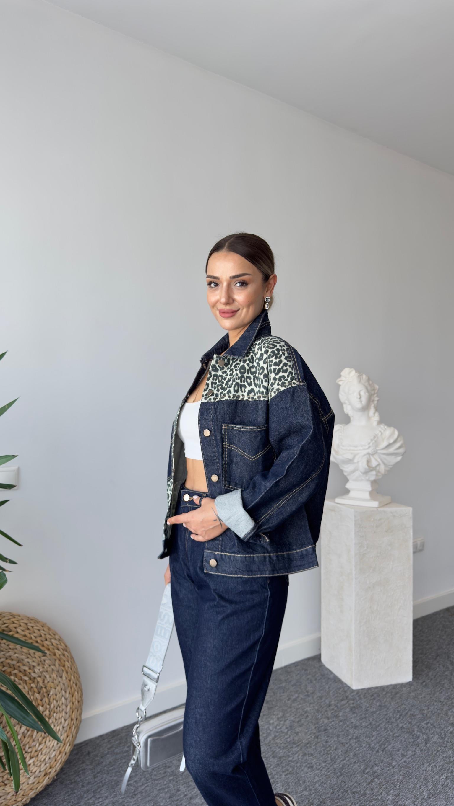 Marya Leopar Detaylı Lacivert Jean Ceket