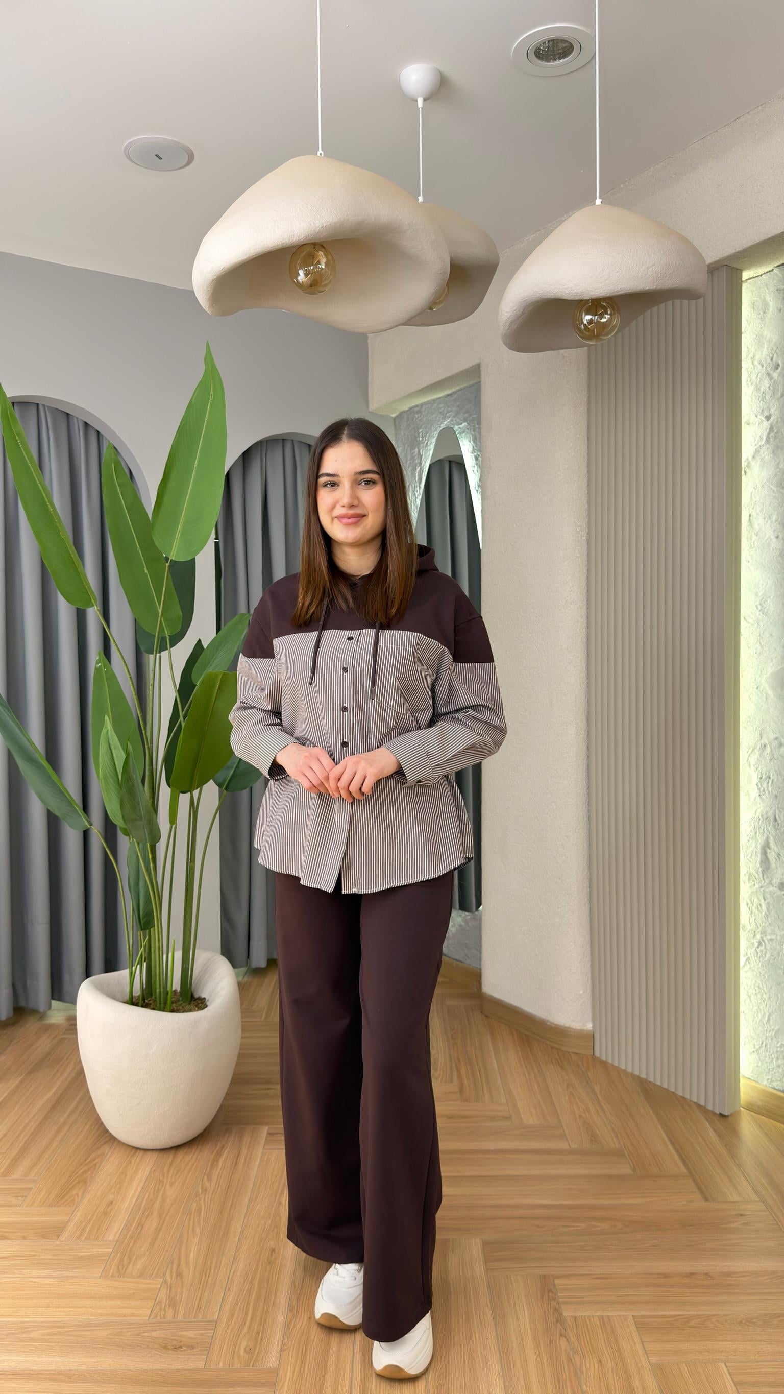 Kahve Gömlek Garnili Kapüşonlu Spor Takım