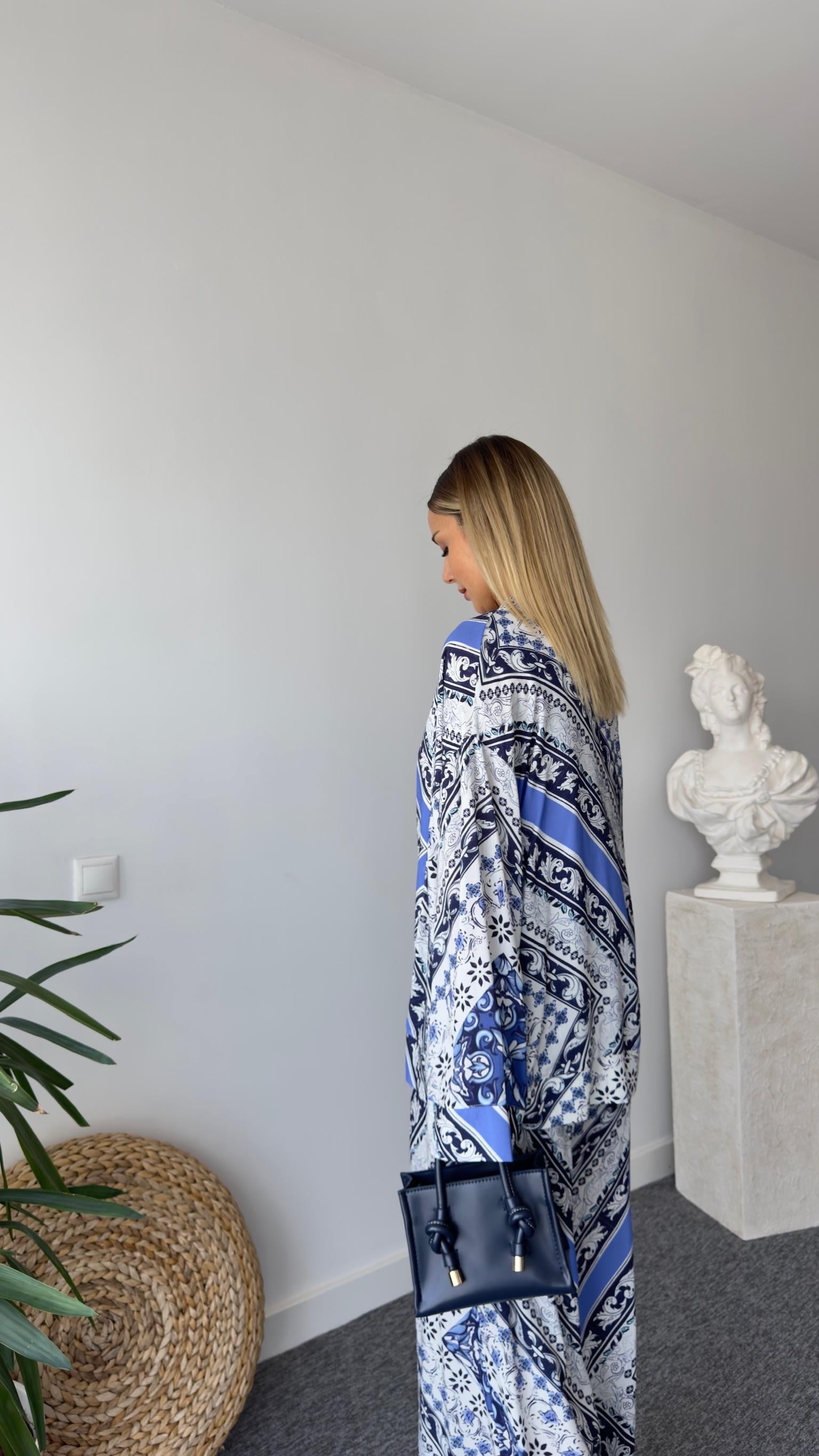 Medi Etnik Desen Viskon Mavi Kimono
