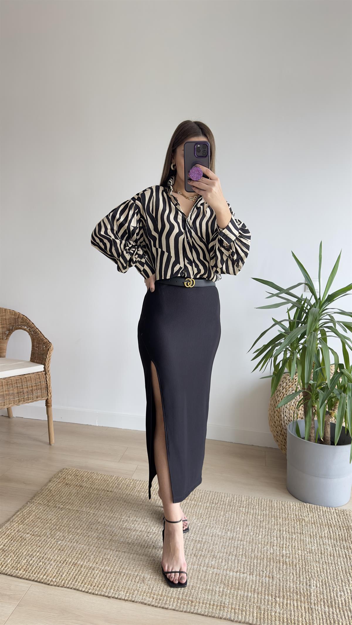 Kasira Zebra Desen Keten Gömlek
