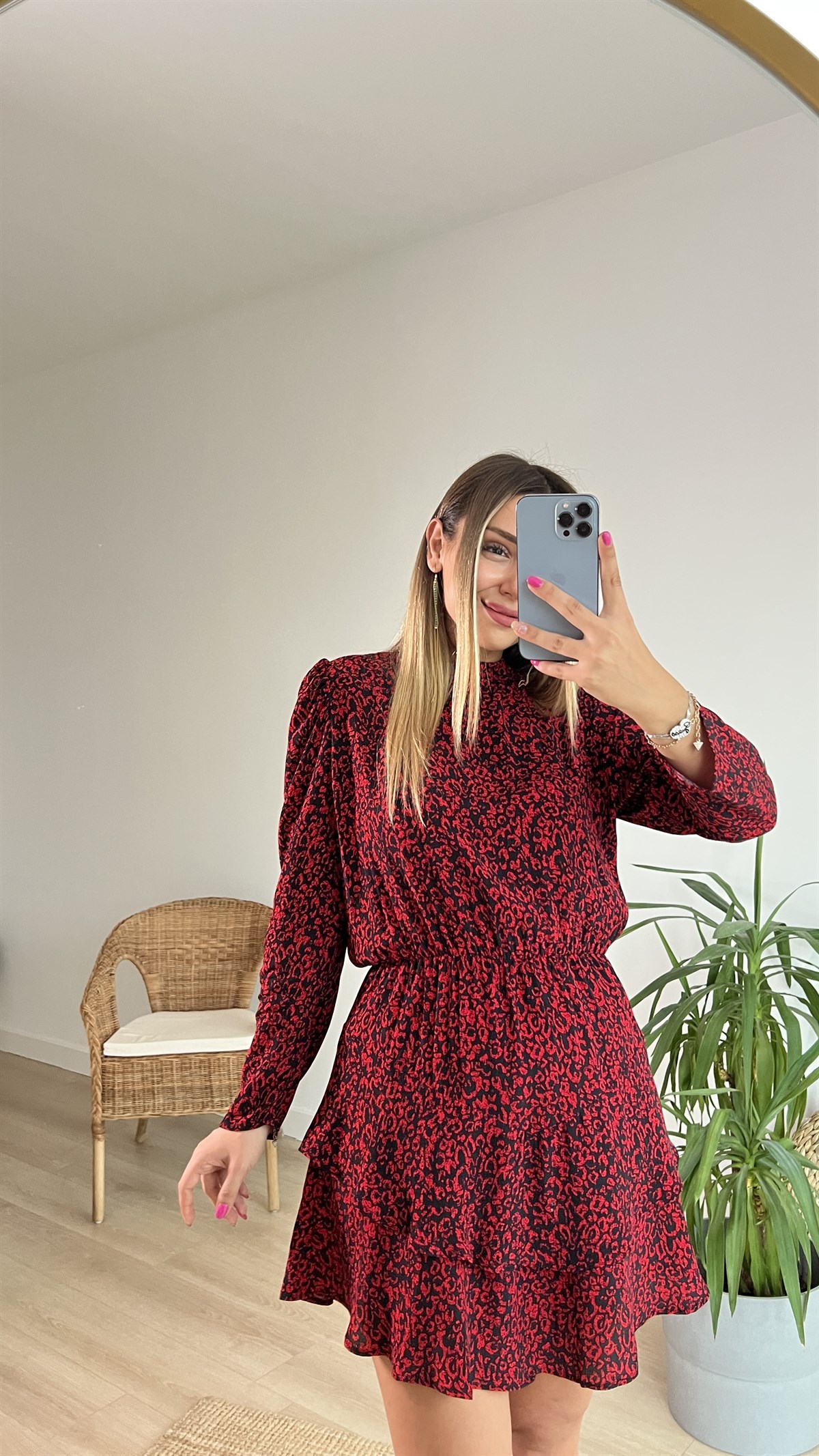  Kırmızı Leopar Desen Elbise 