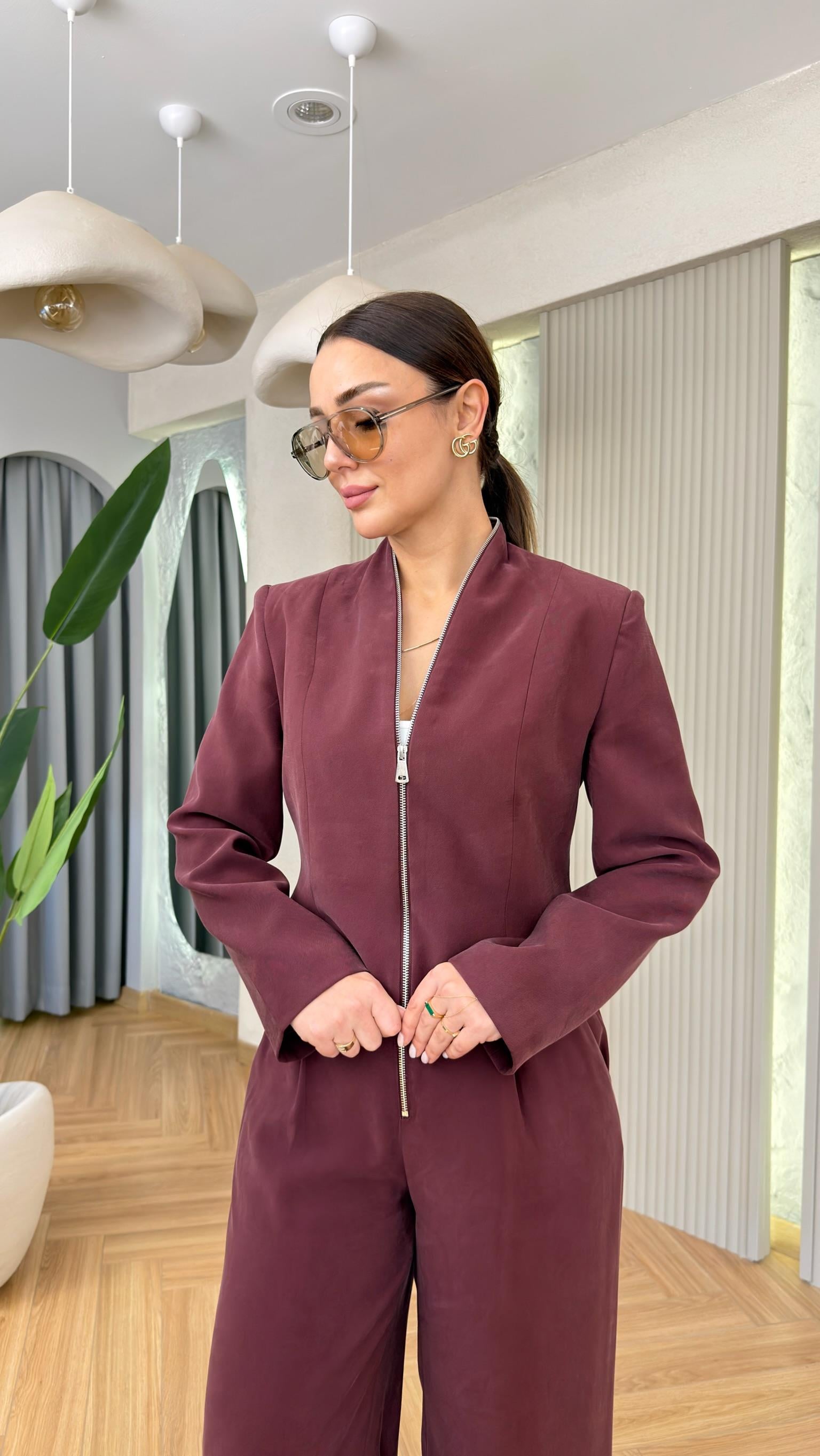 Bordo Yakadan Fermuarlı Premium Tensel Takım
