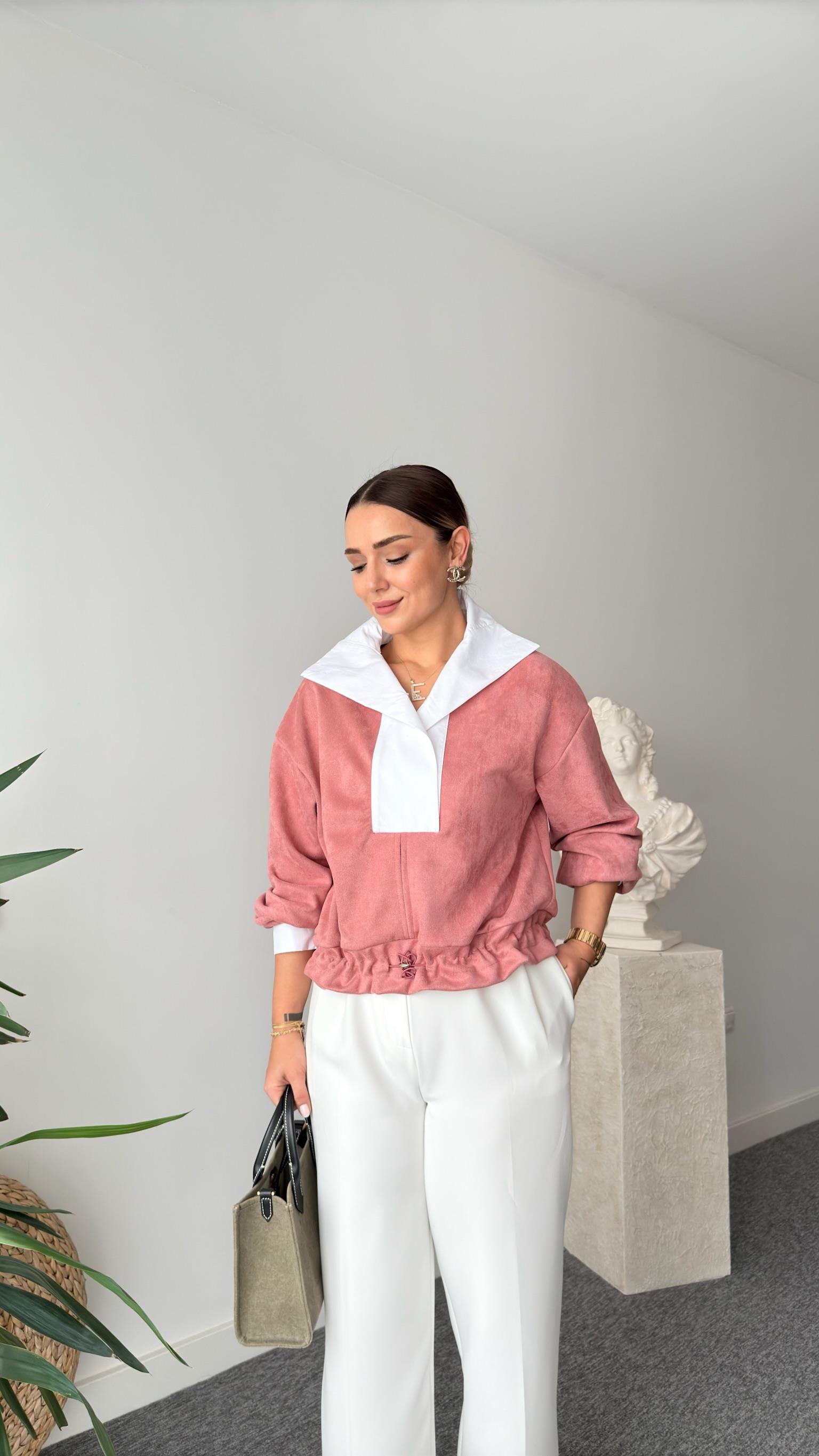 Gömlek Yaka Süet Pudra Sweat