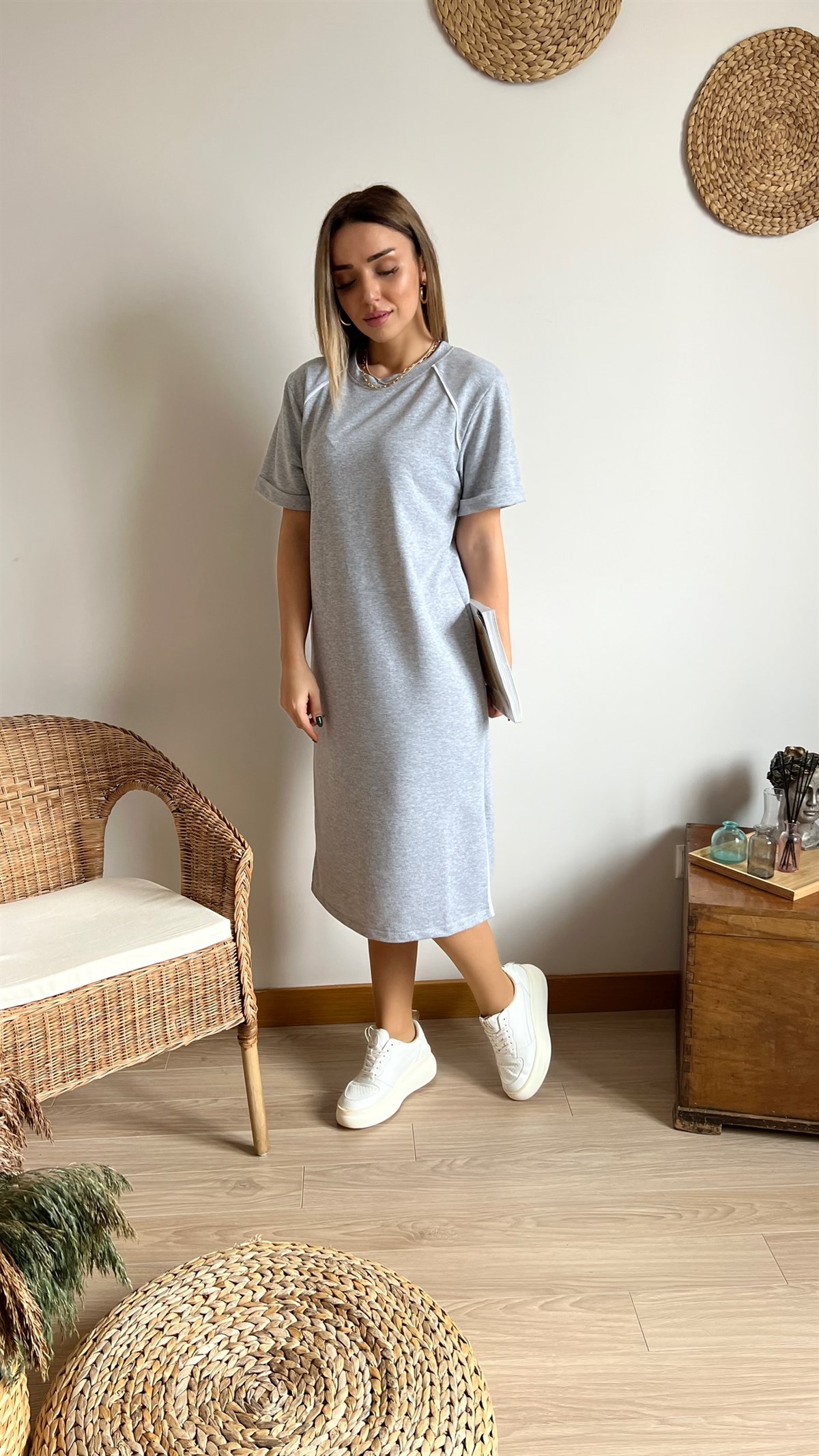 Twist Model Biye Detaylı Gri Elbise