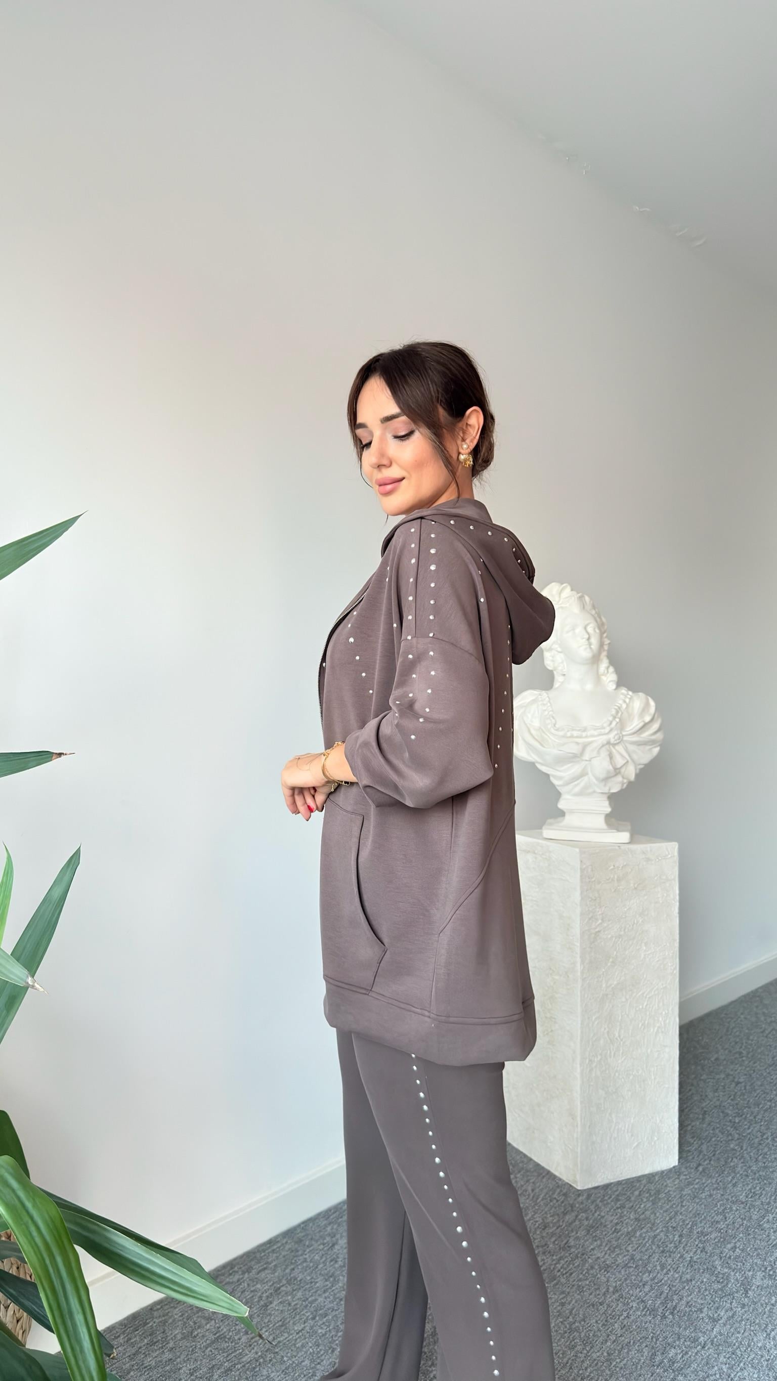 Kahve Zımbalı Kapüşonlu Modal Takım