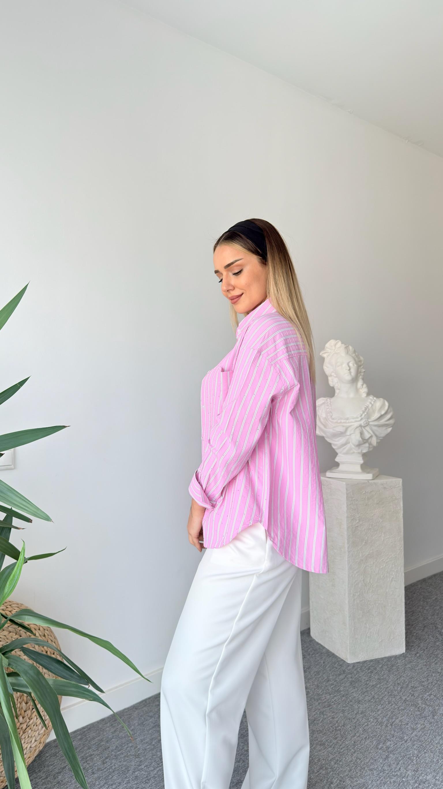 Pembe Dagil Çizgili Taşlı Gömlek