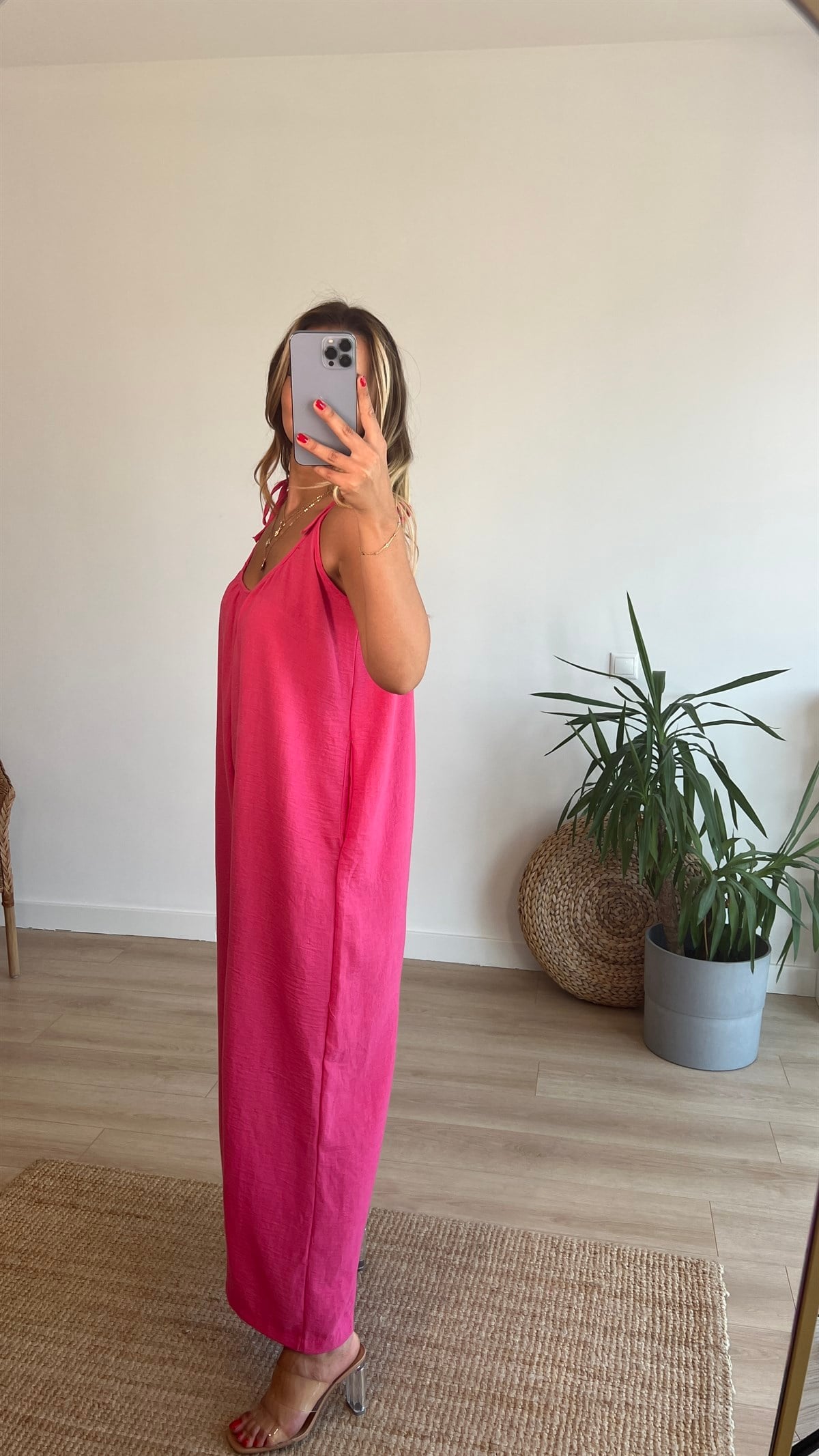 Ayarlanabilir Askılı Pembe Bol Keten Tulum