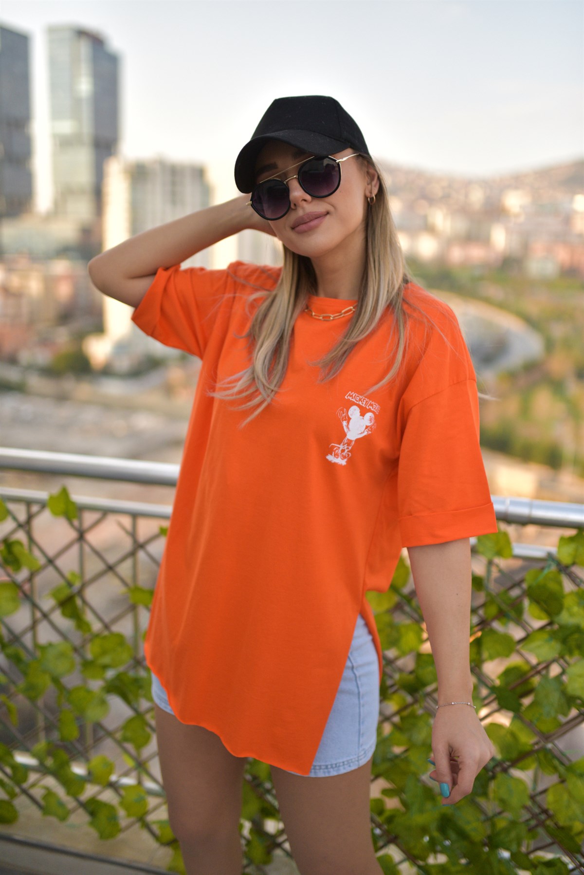Ön Arka Mickey Baskı Turuncu Tshirt