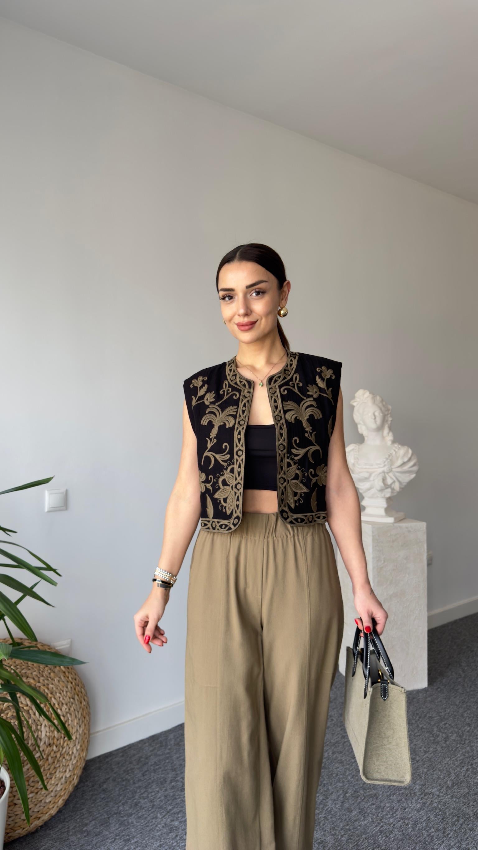 Mex Zra Model Nakışlı Keten Yelek
