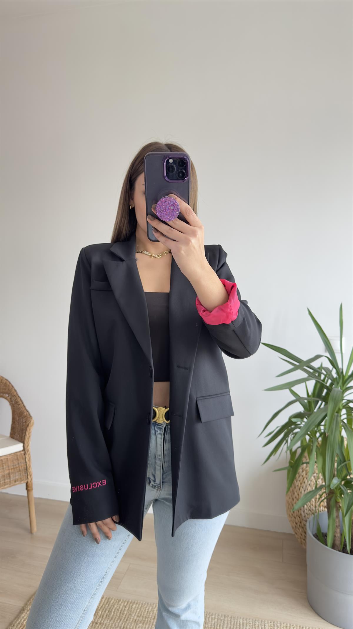 Ravi Pembe Yazı Detaylı Blazer Ceket