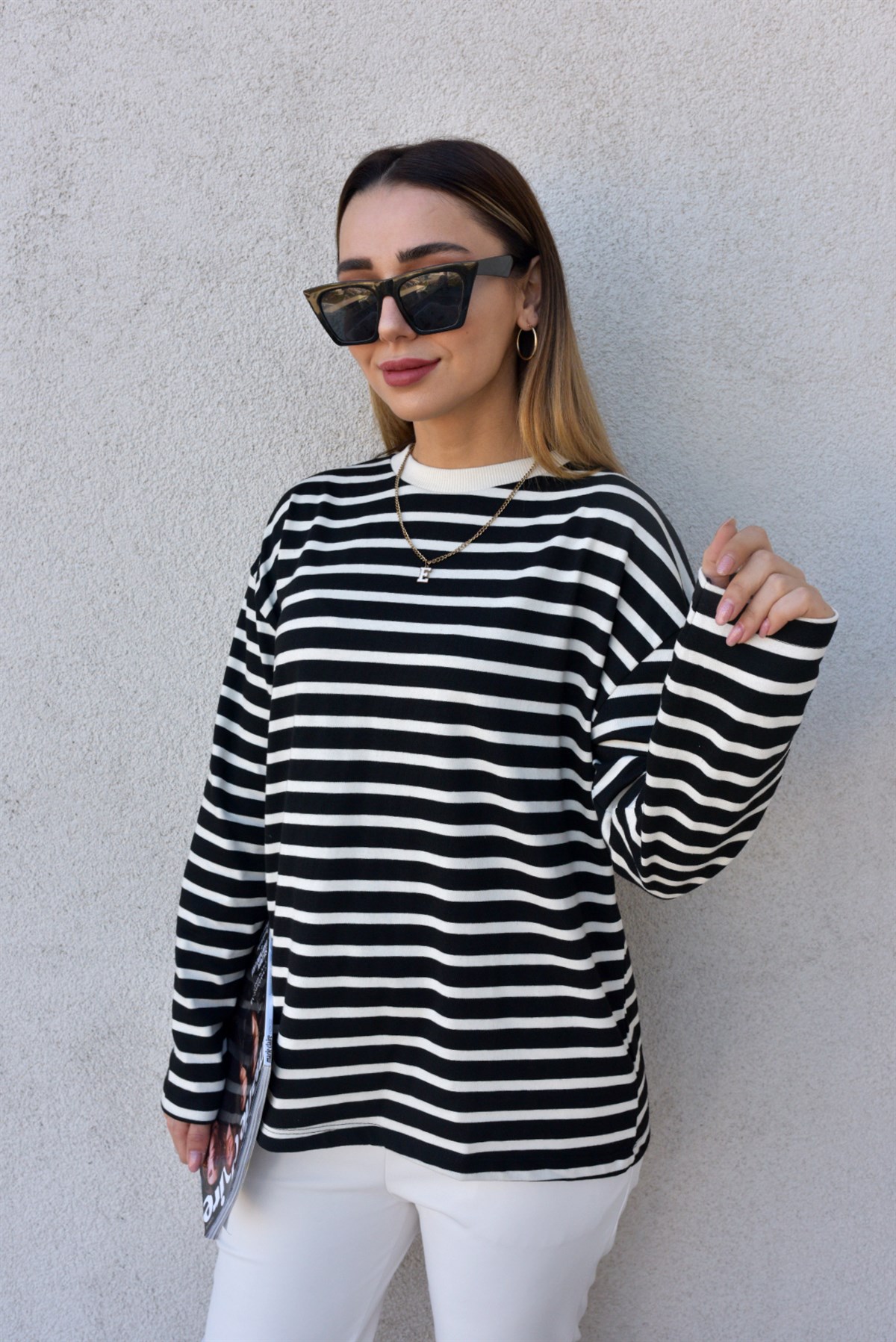 Çizgili Siyah Basic Sweat	