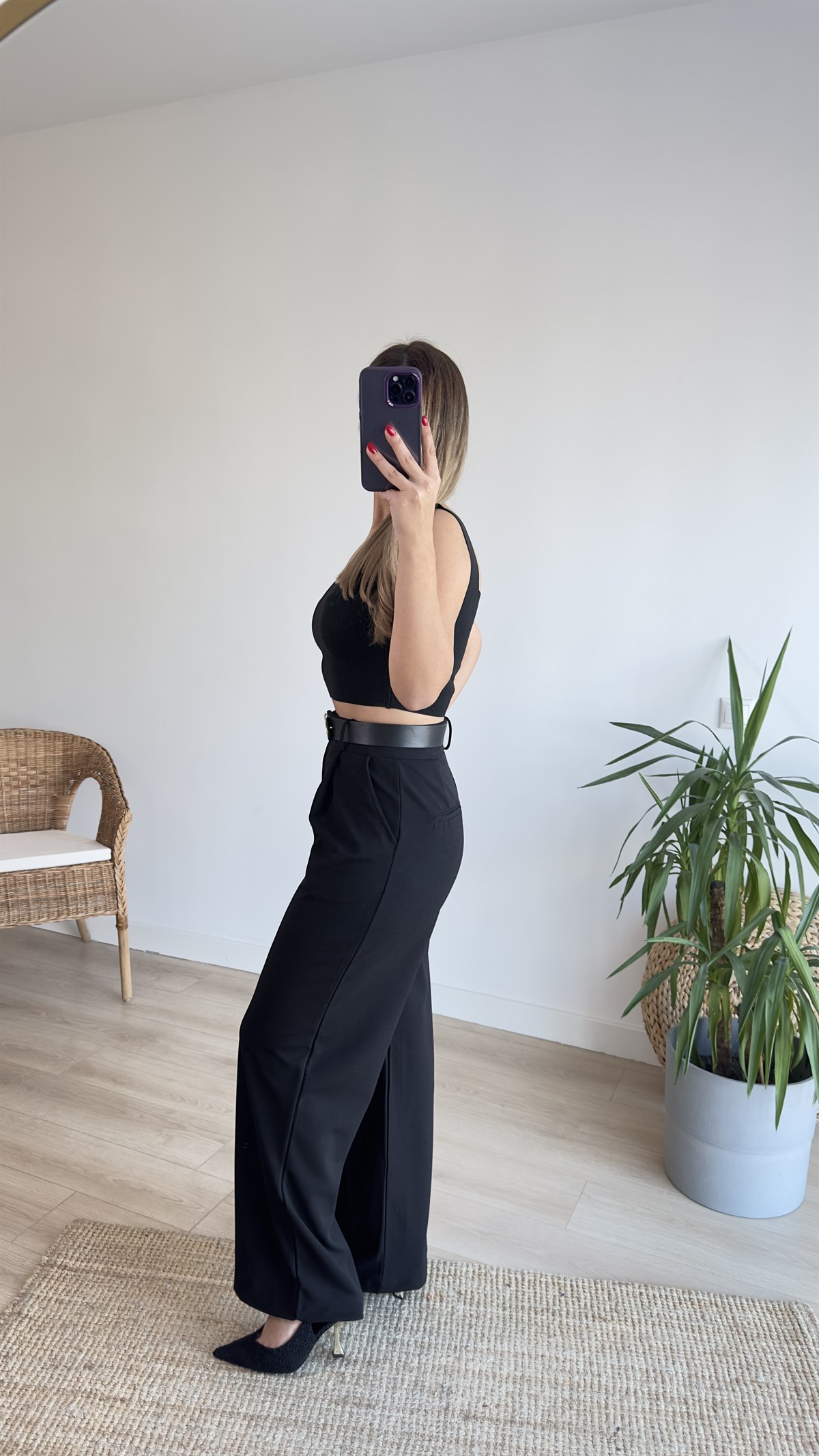 Kemerli Bol Paça Siyah Pantolon