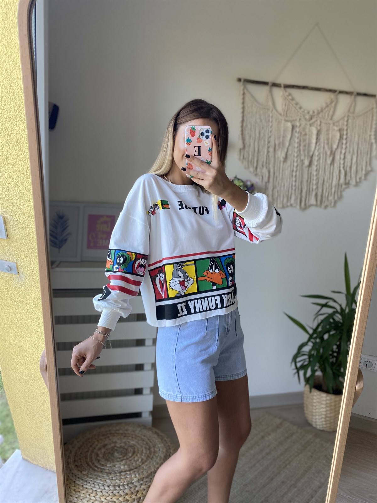 Karakter Baskı Beyaz Sweatshirt