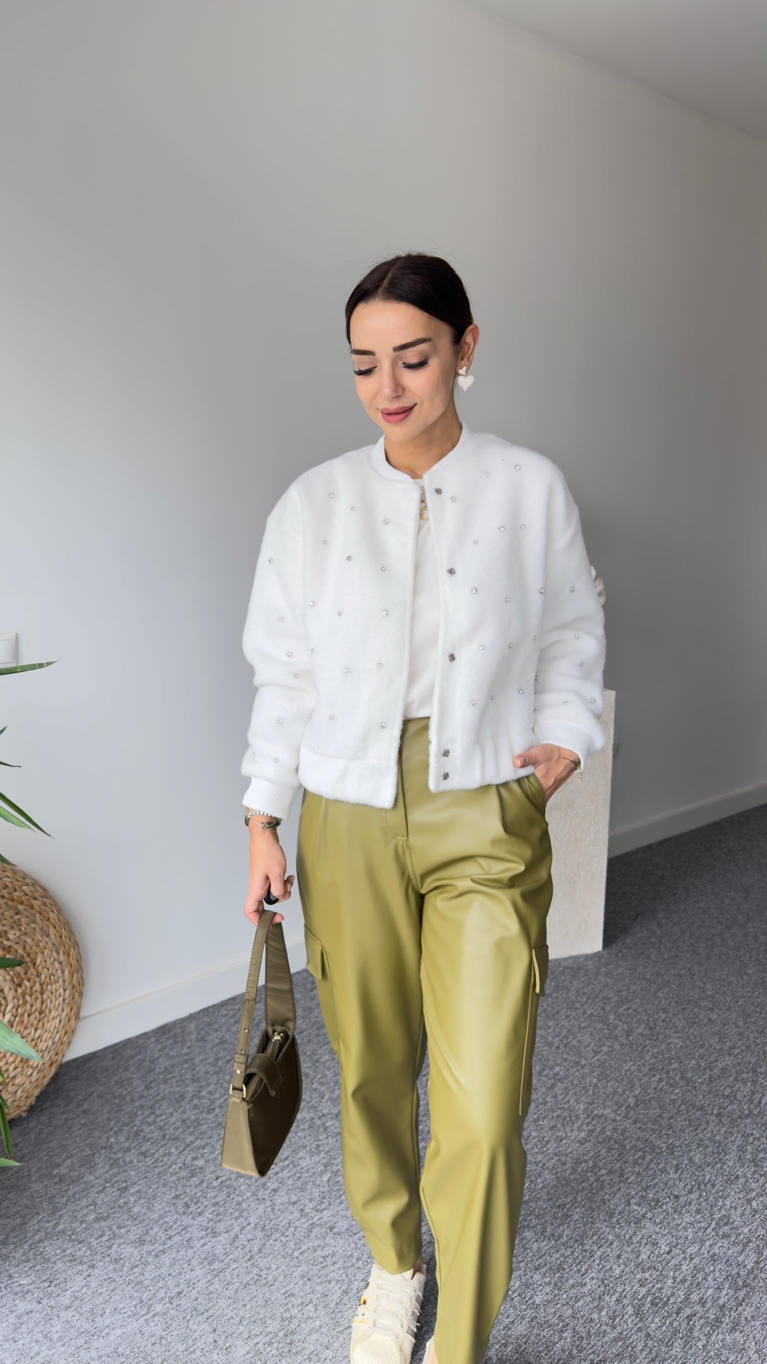 Cylie Zra Model Taşlı Ekru Bomber Ceket