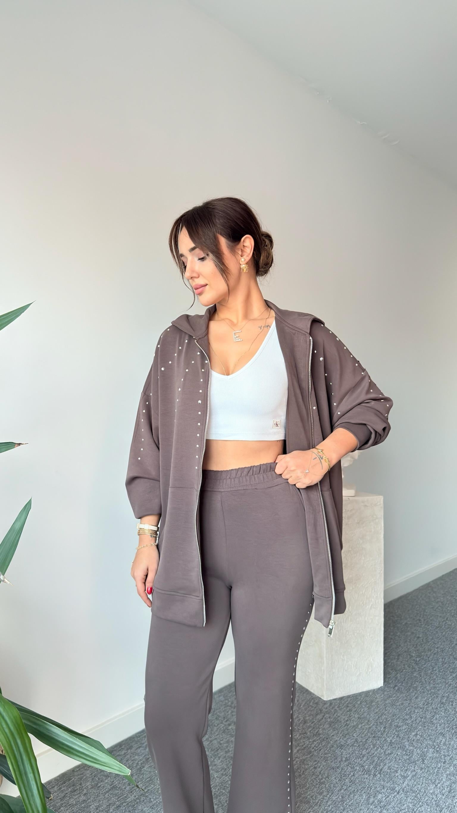 Kahve Zımbalı Kapüşonlu Modal Takım