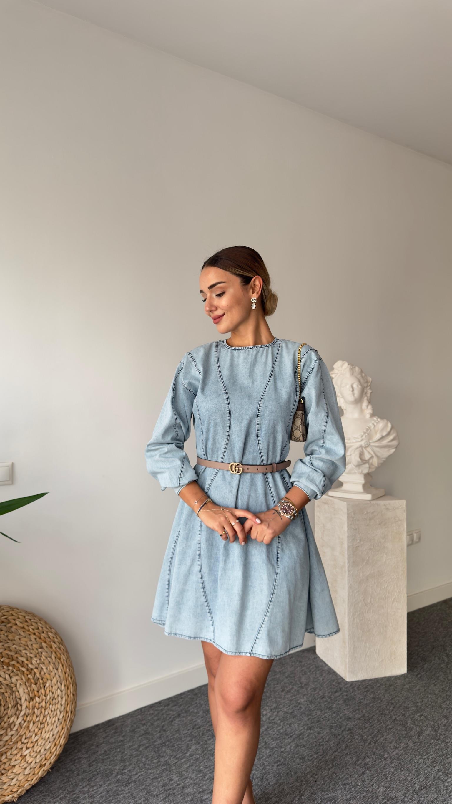 Arkası Fermuarlı Mavi Jean Elbise 
