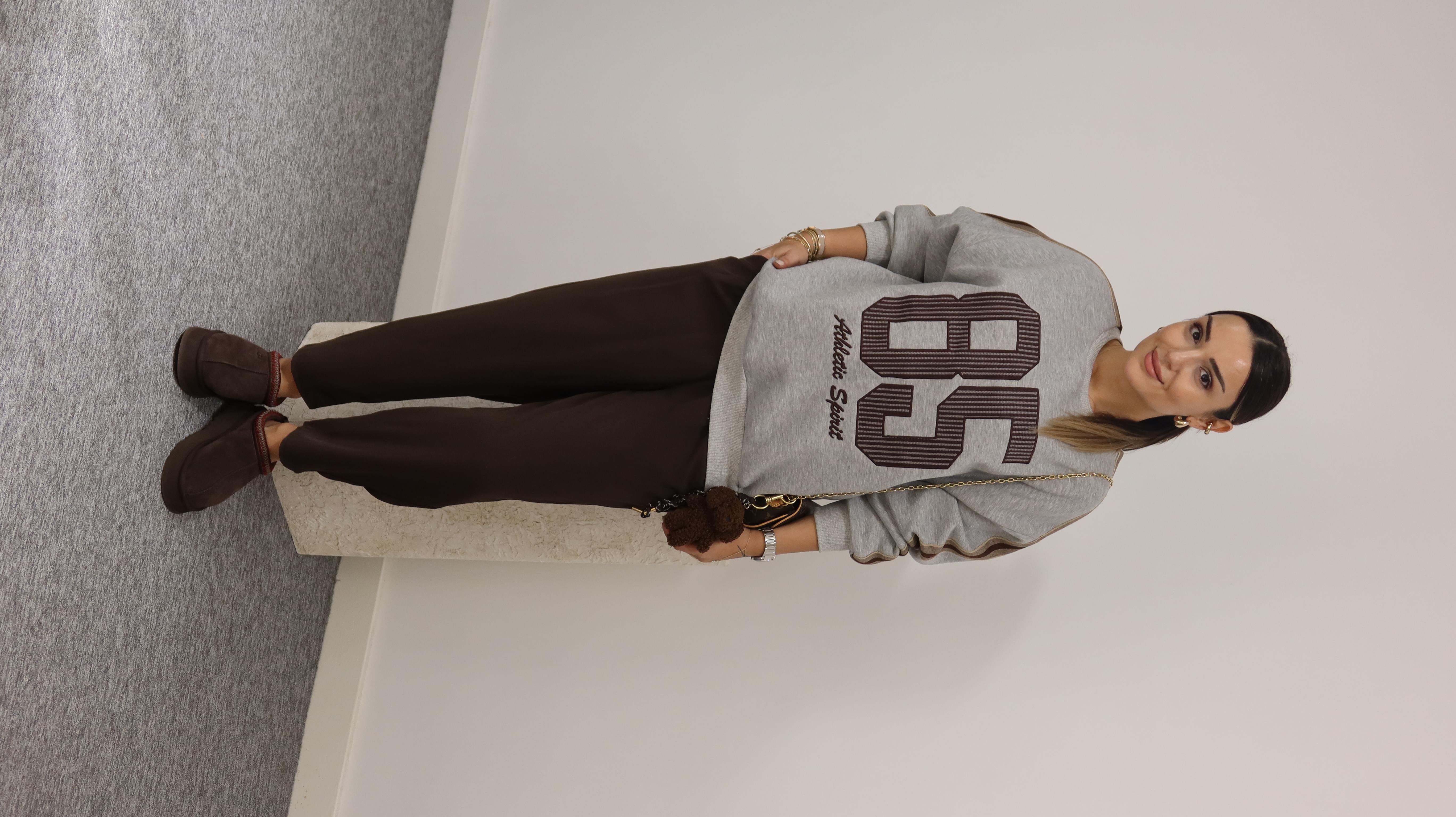 85 Yazılı Kollar Şerit Detaylı Gri Sweatshirt