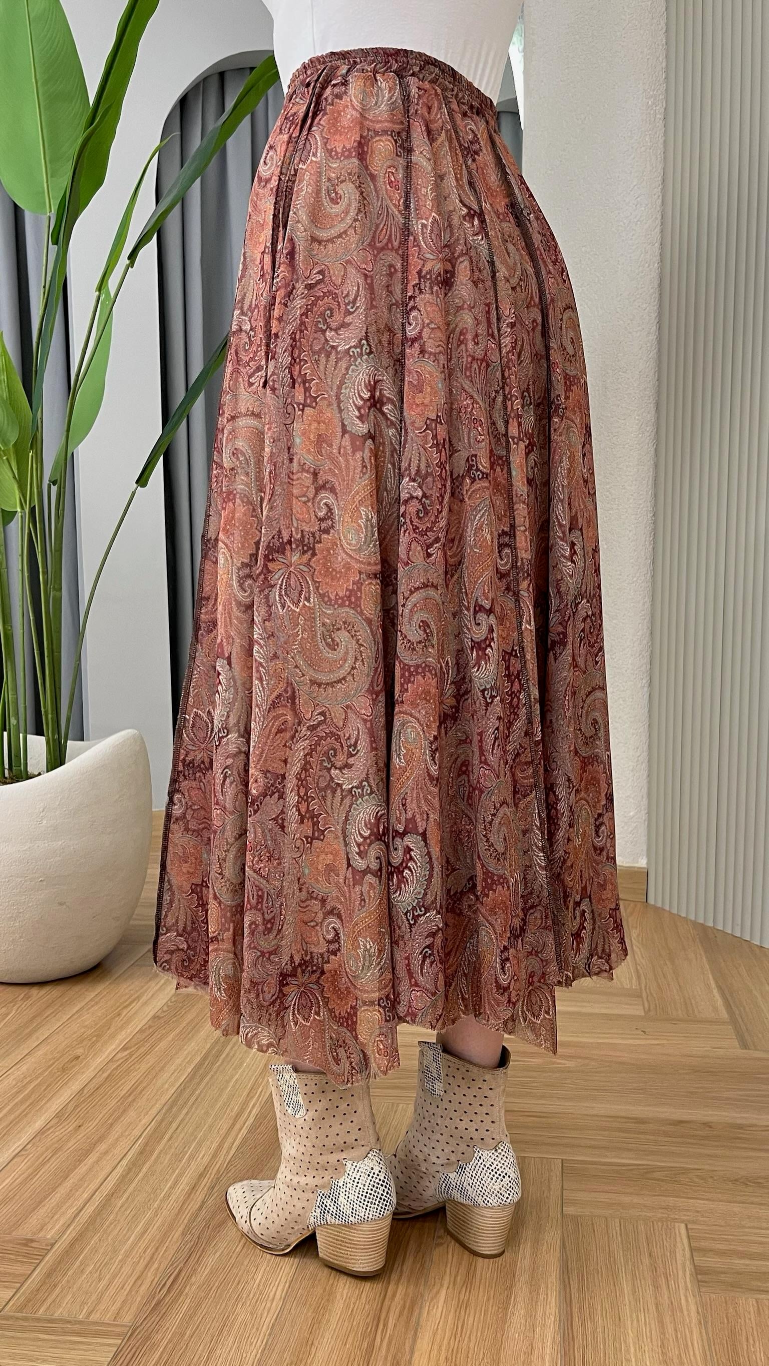 Turuncu Zien Etnik Desenli Şifon Etek