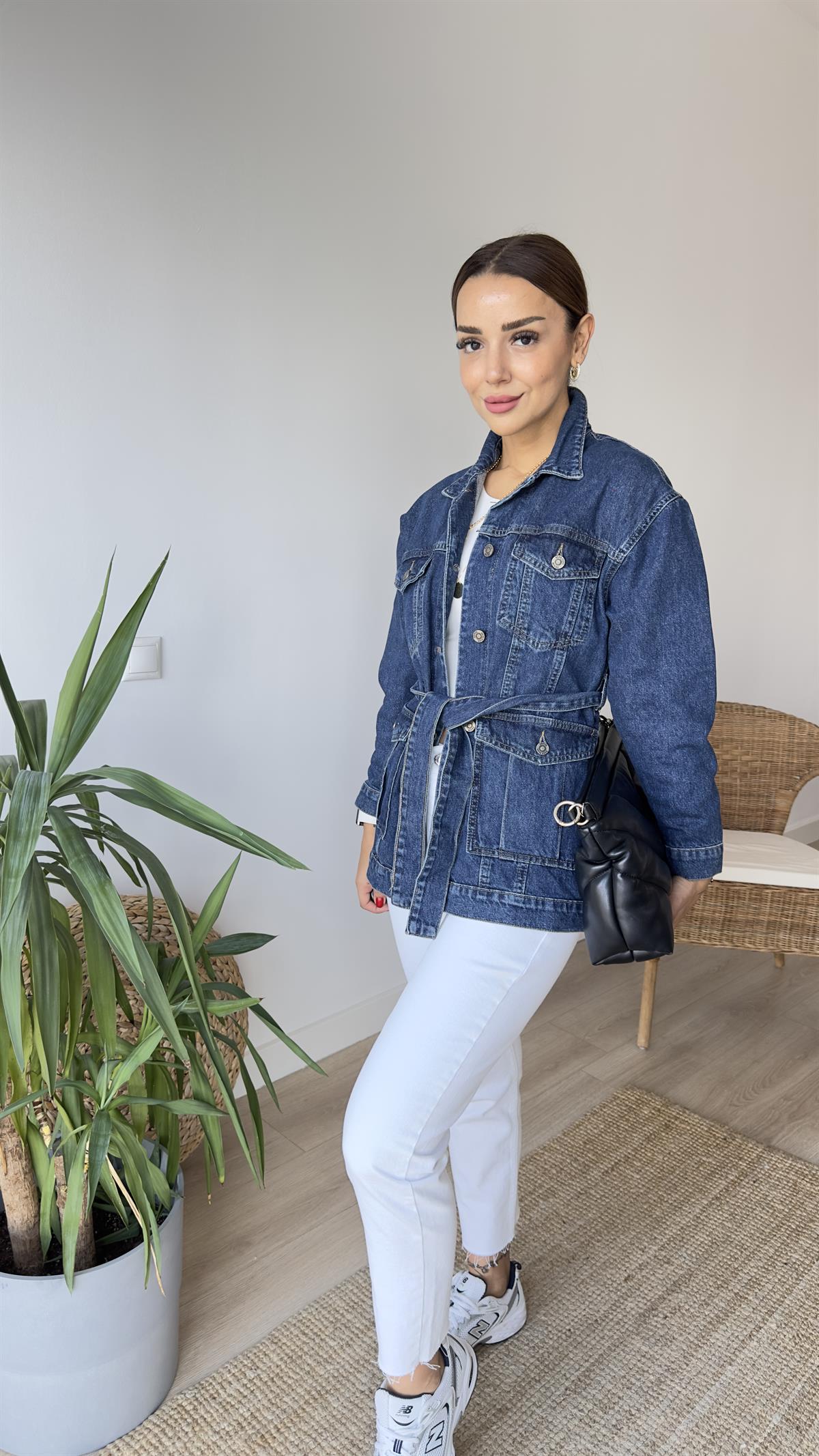 Kuşaklı Lacivert Jean Ceket
