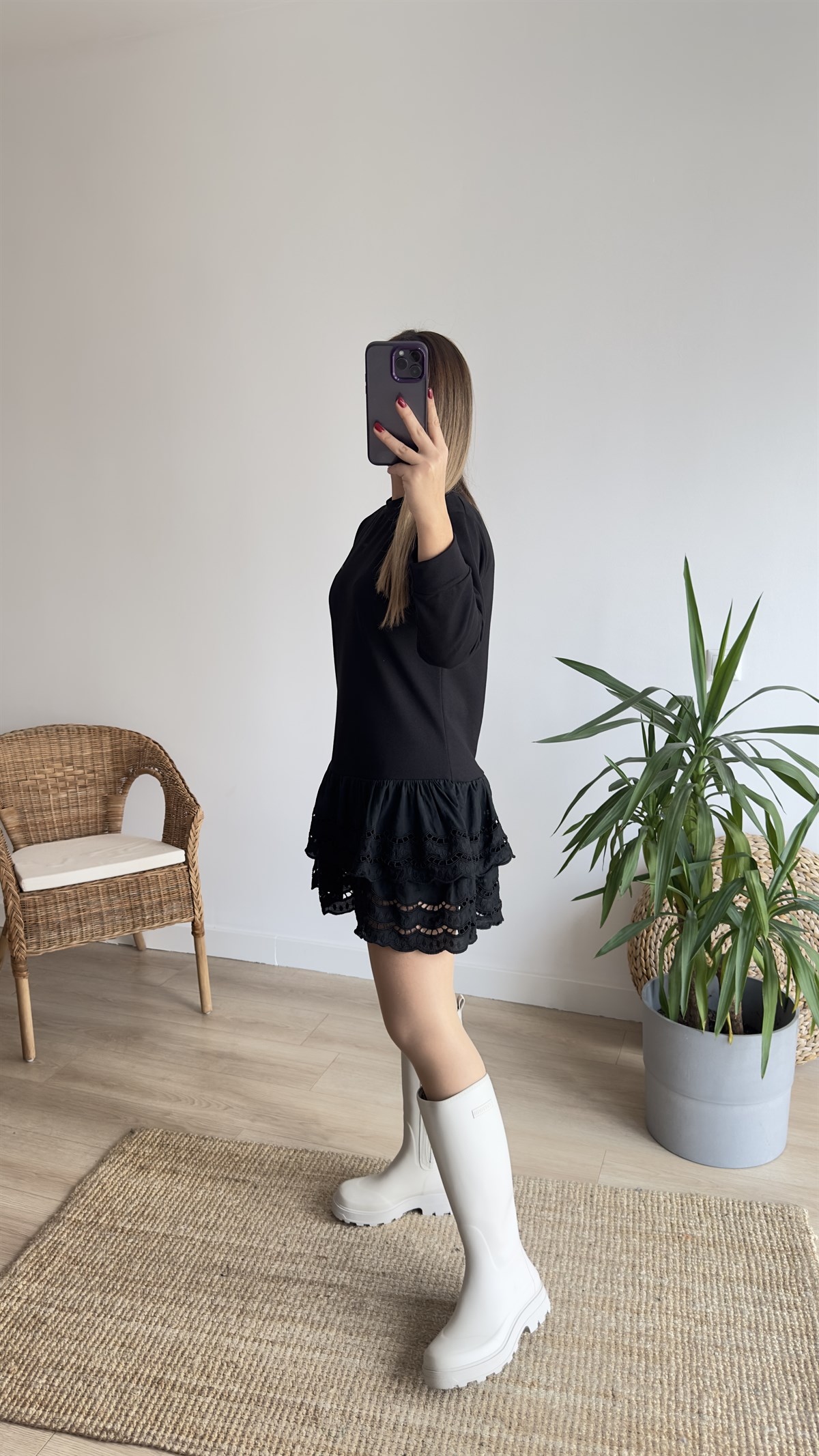 Eteği Fistolu Siyah Sweat Elbise 