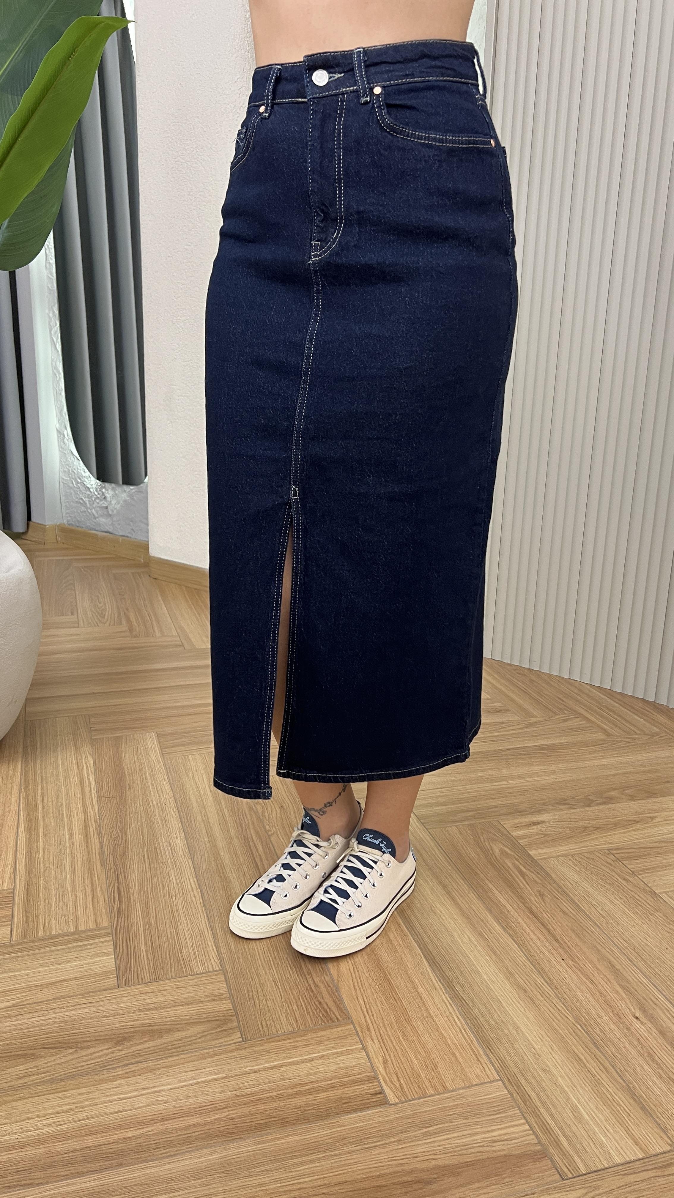 Lacivert Quince Önden Yırtmaçlı Kot Etek