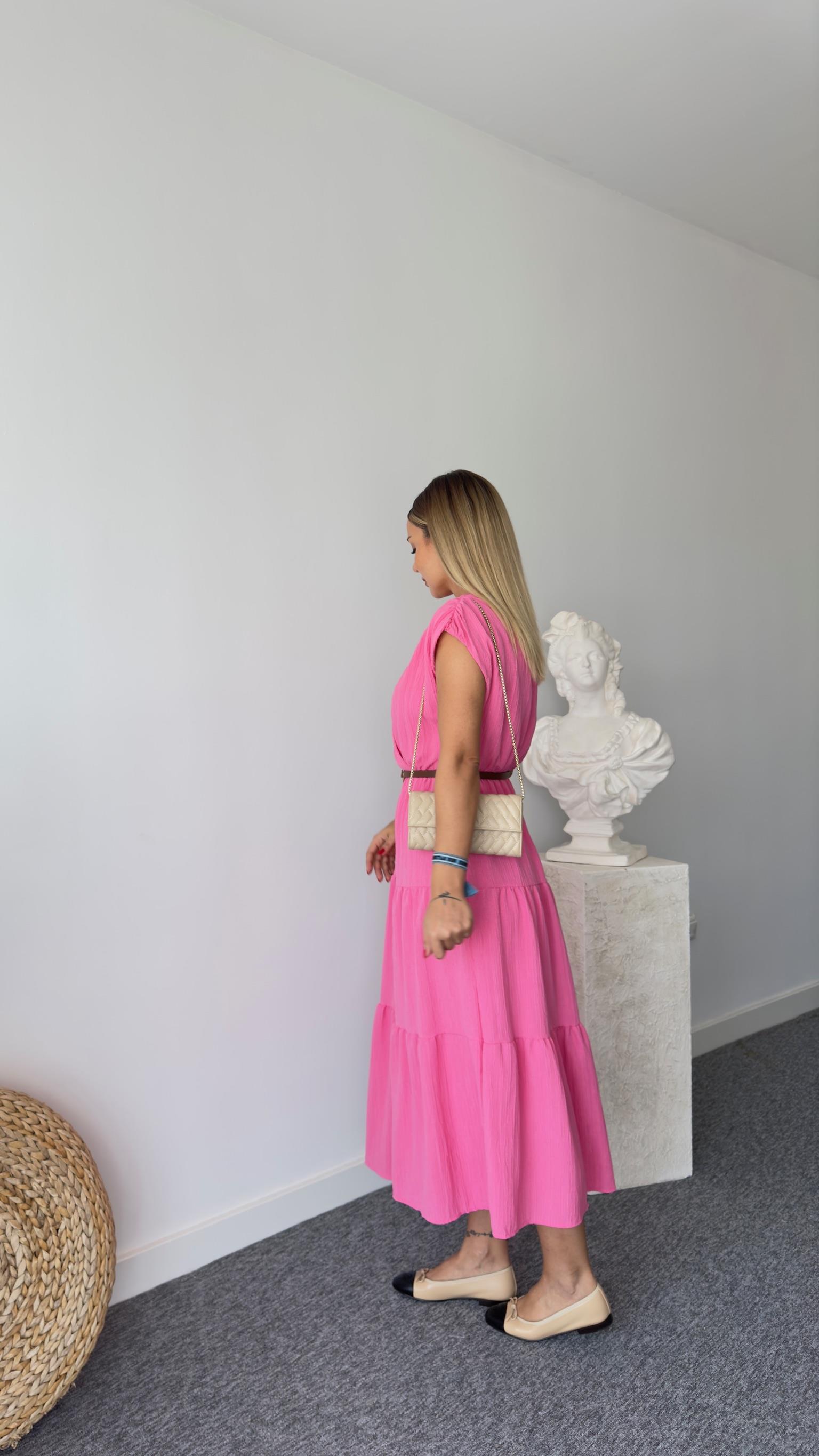 Kruvaze Kemerli Pembe Elbise 