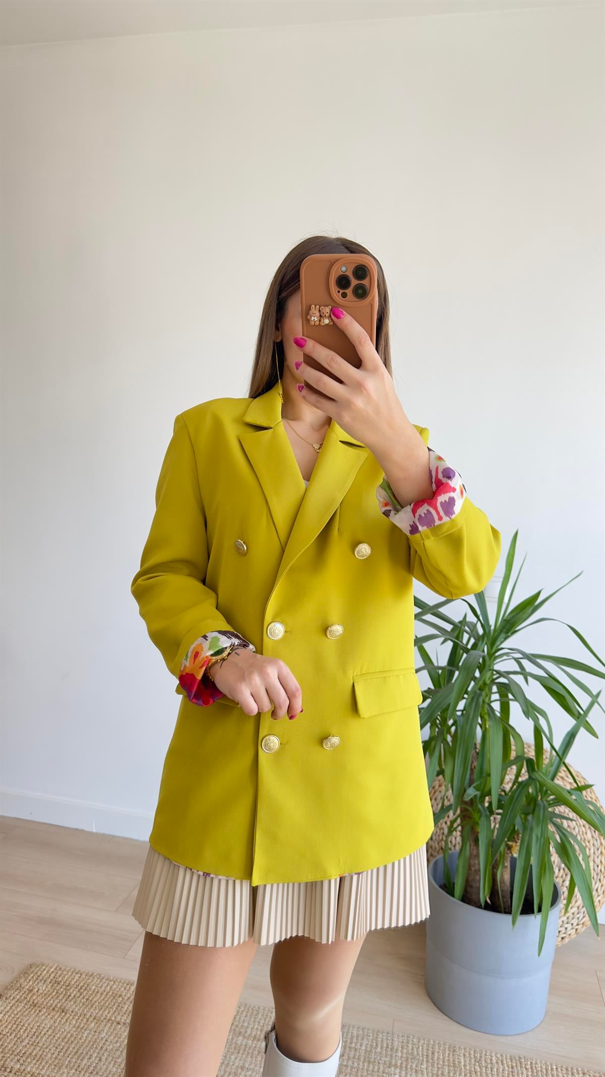Renkli Astarlı Yeşil Blazer Ceket