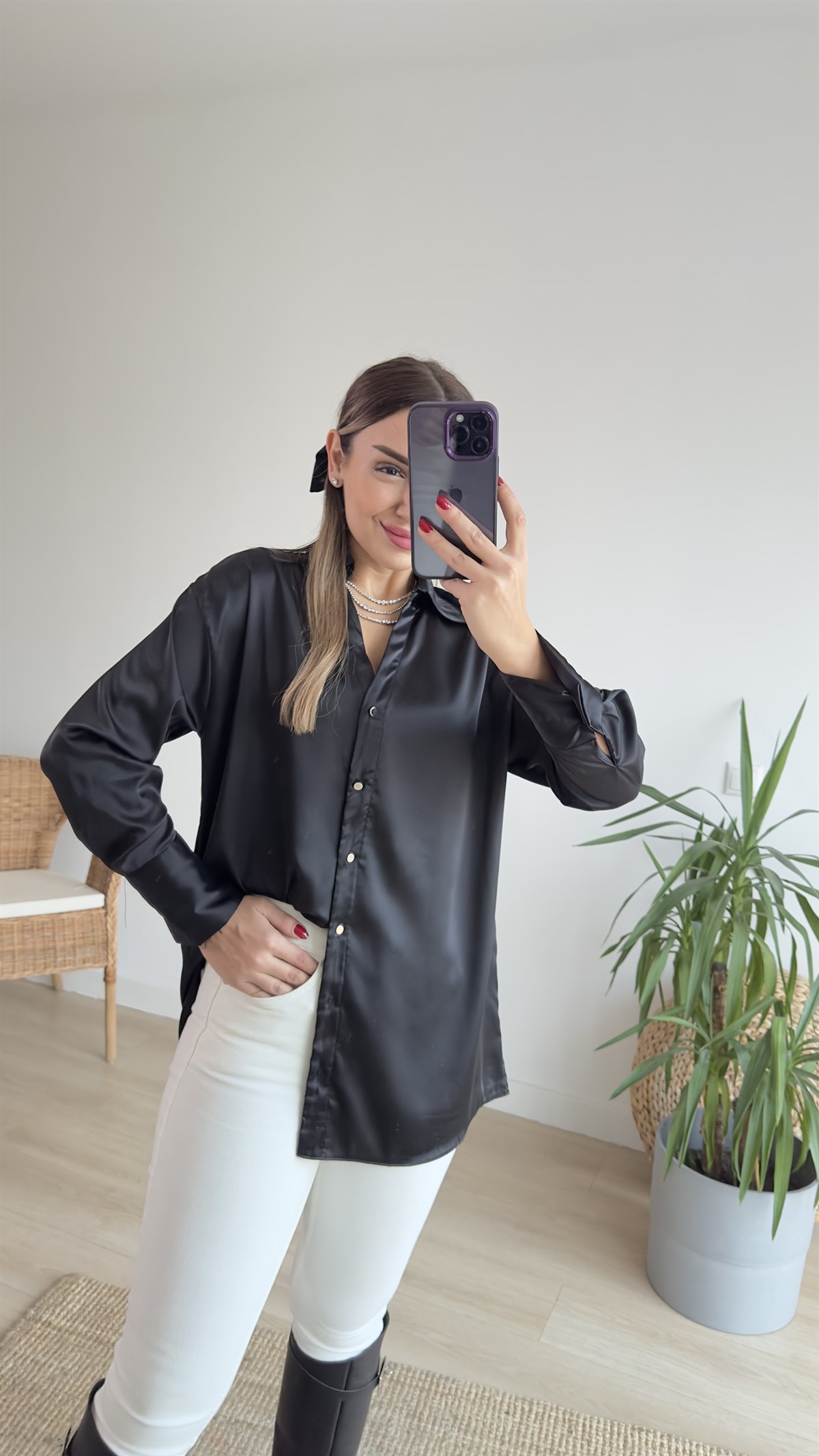 Saten Siyah Basic Gömlek