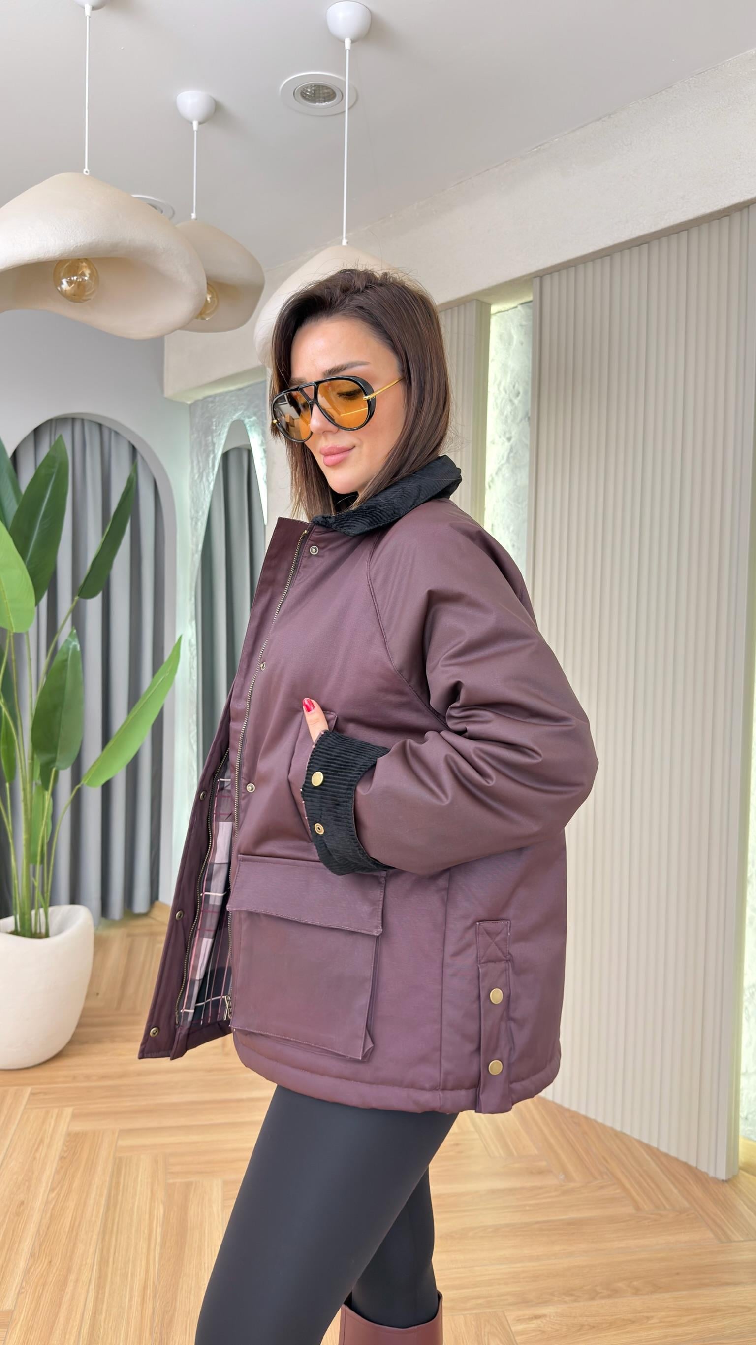 Bordo Viola Astarlı Kadife Detay Premium Mont