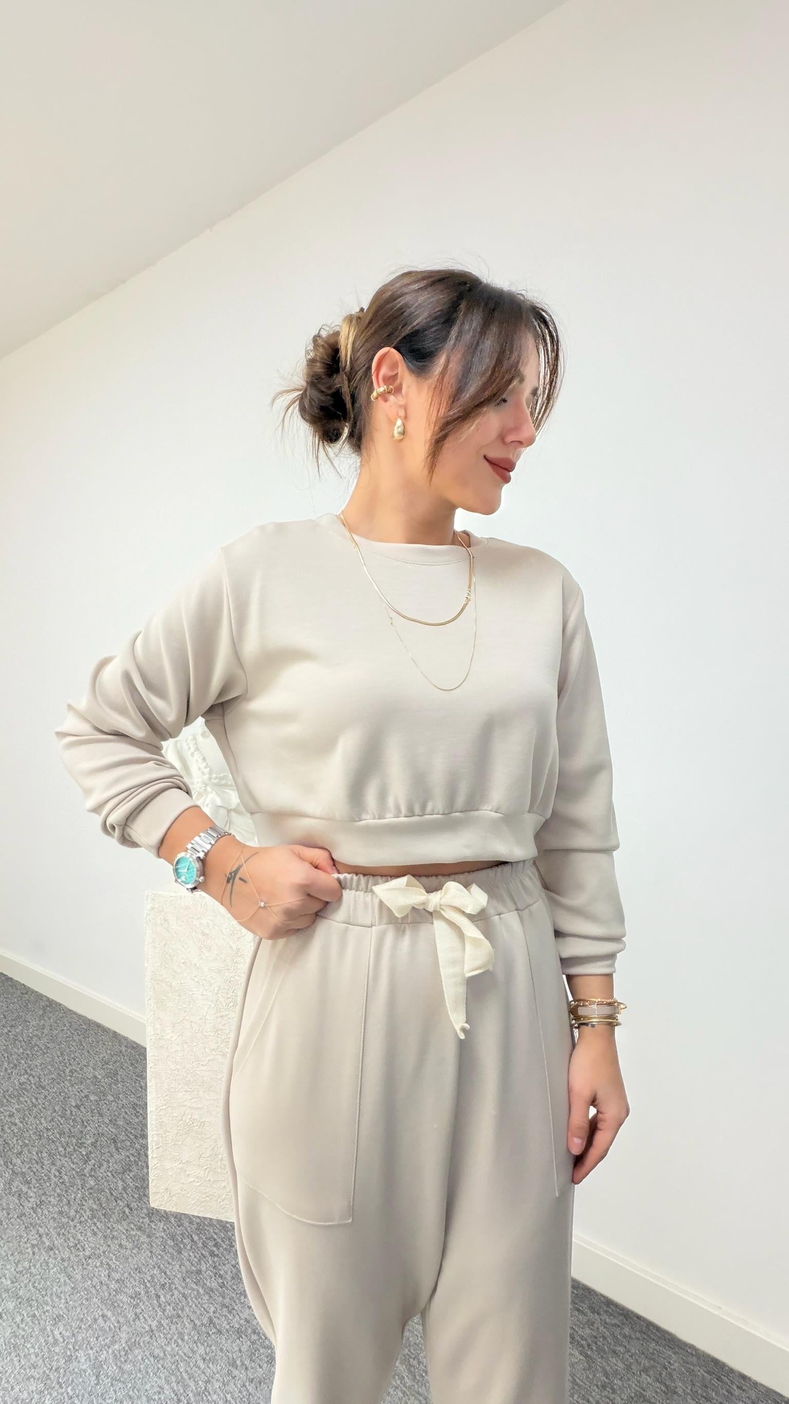 Bej Crop Sweat Modal Takım