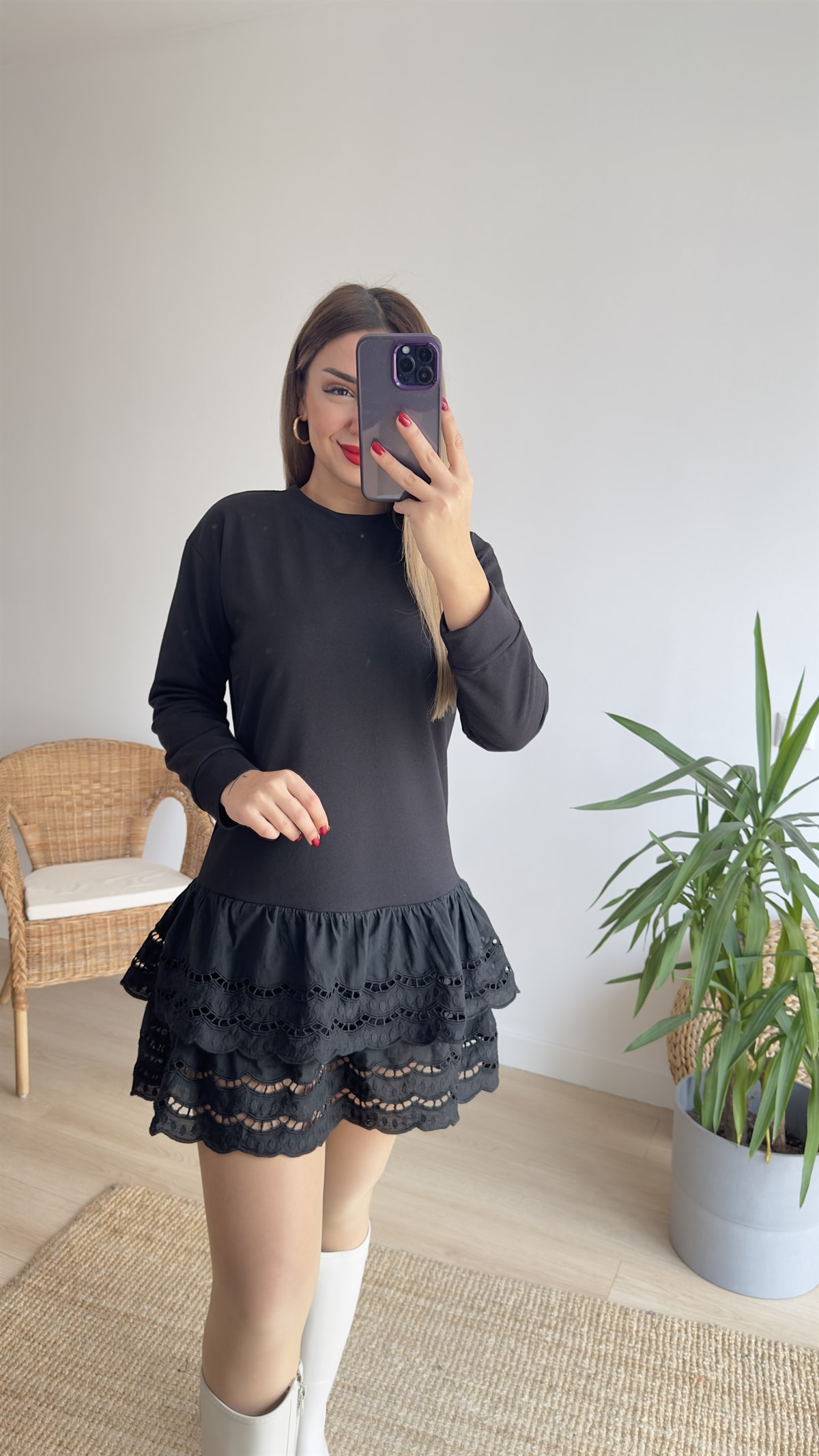Eteği Fistolu Siyah Sweat Elbise 