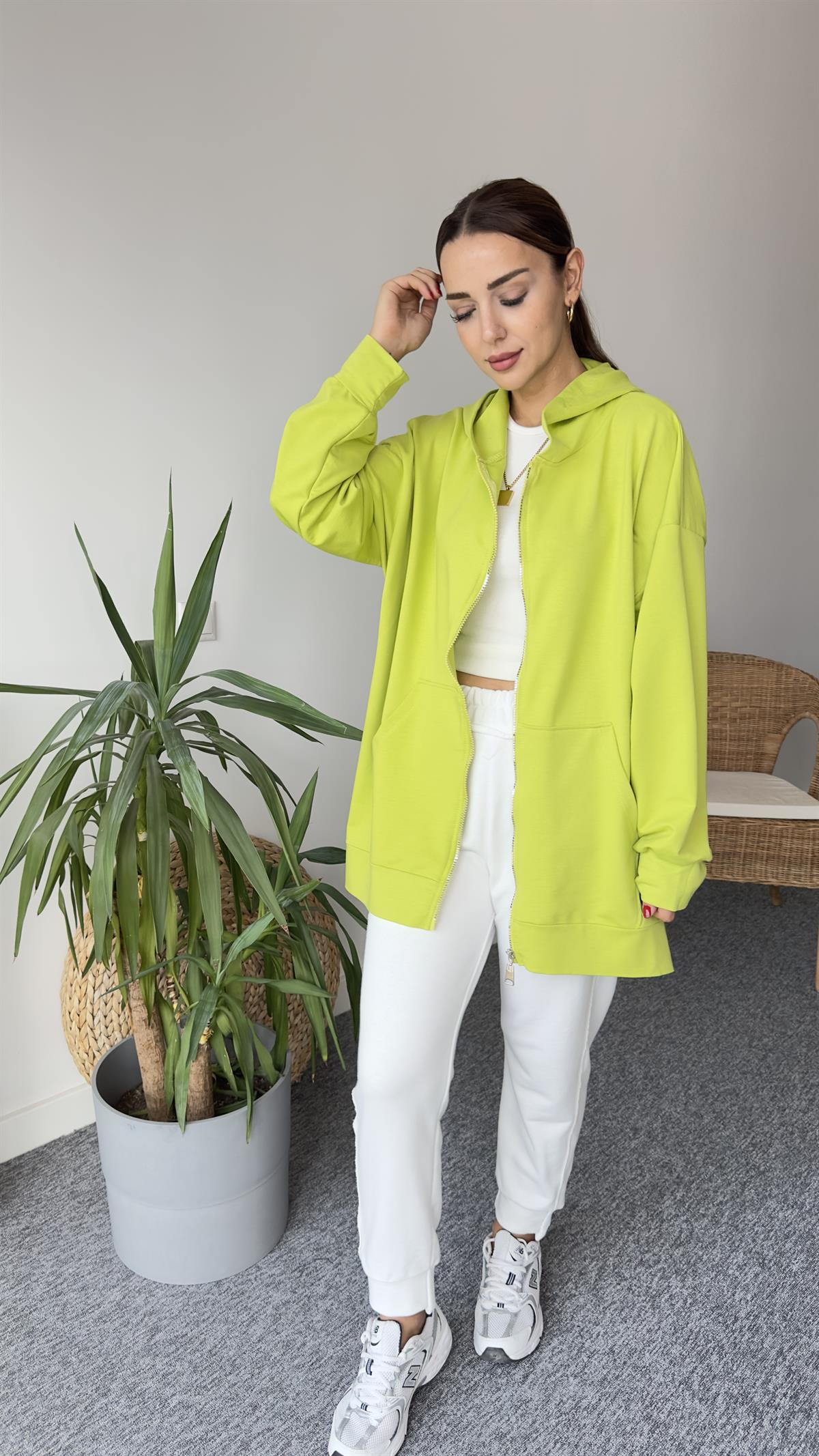 İki İplik Yanları Yırtmaçlı Olive Sweat