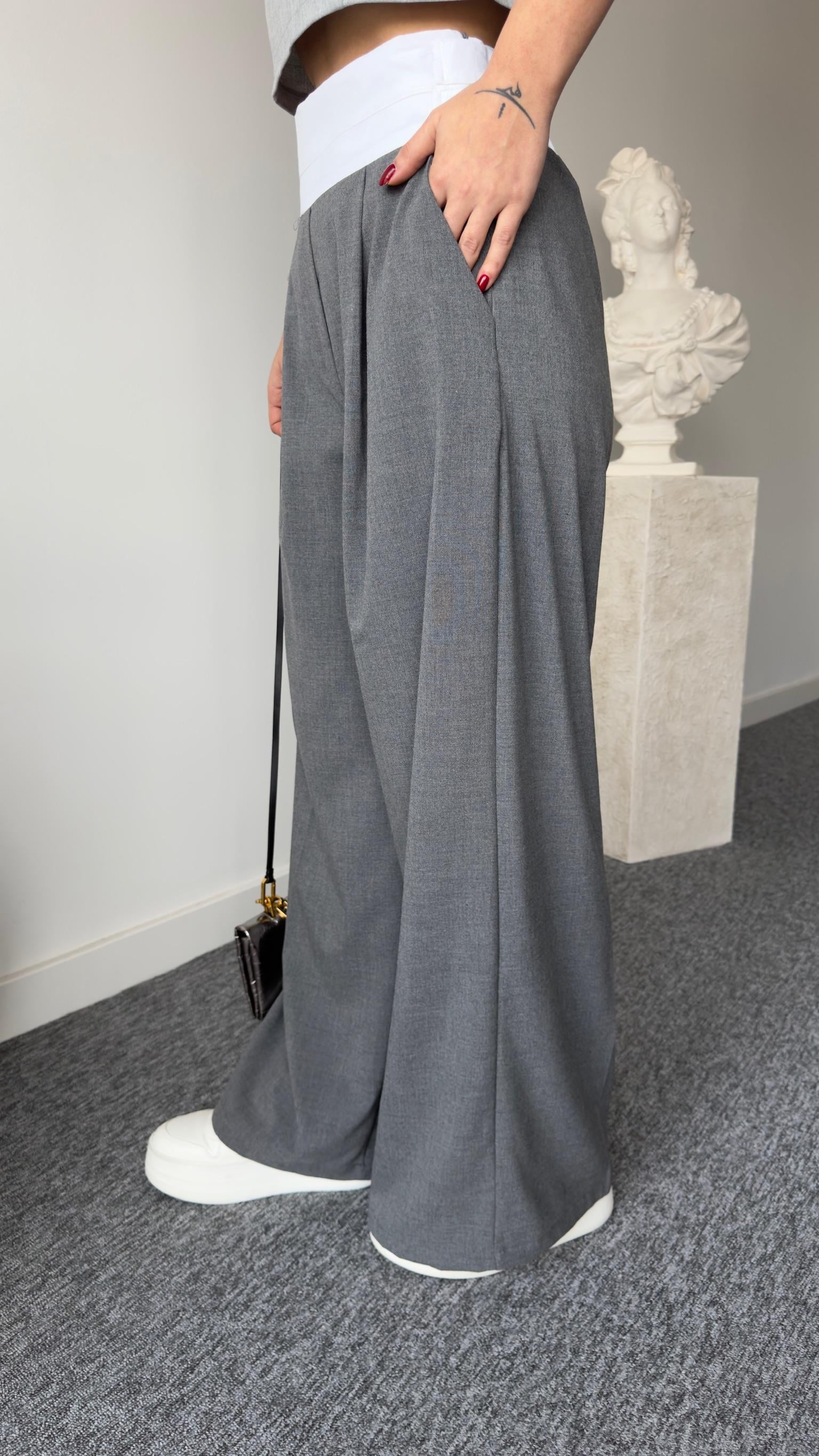 Kalın Kemer Detaylı Arkası Lastikli Gri Palazzo 