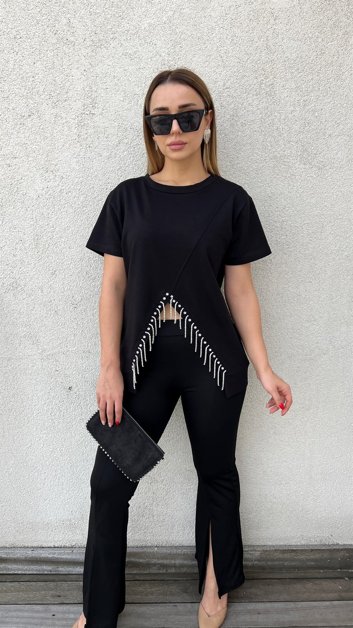 Taş Detaylı Siyah Tasarım Tshirt