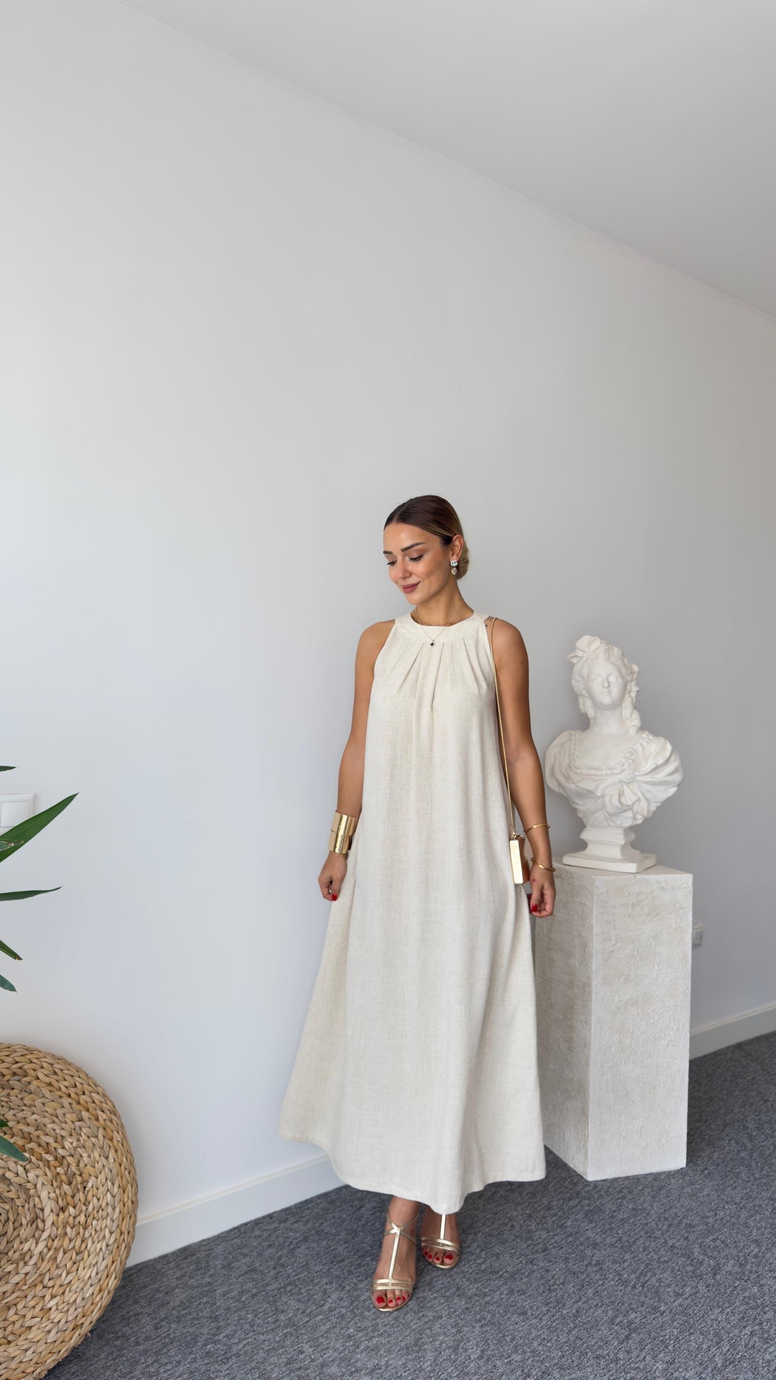 Maxi Boy Naturel Keten Elbise