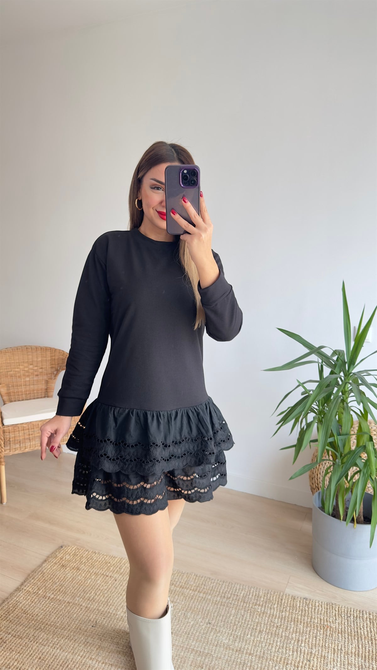 Eteği Fistolu Siyah Sweat Elbise 