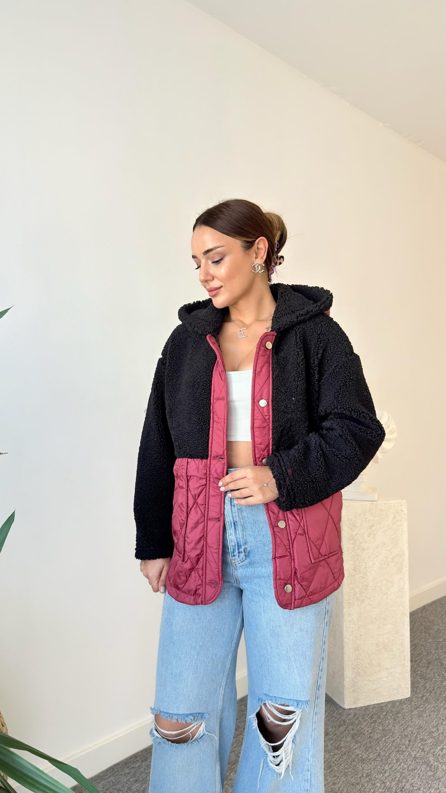 Bordo  Kapitone Detaylı Siyah Teddy Ceket