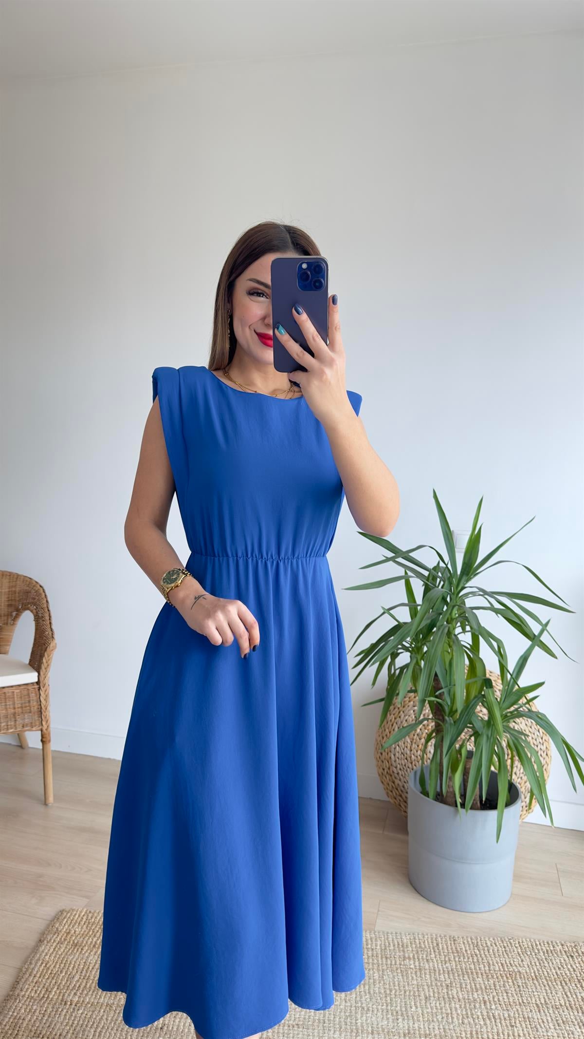 Beli Lastikli Vatkalı Mavi Basic Elbise 