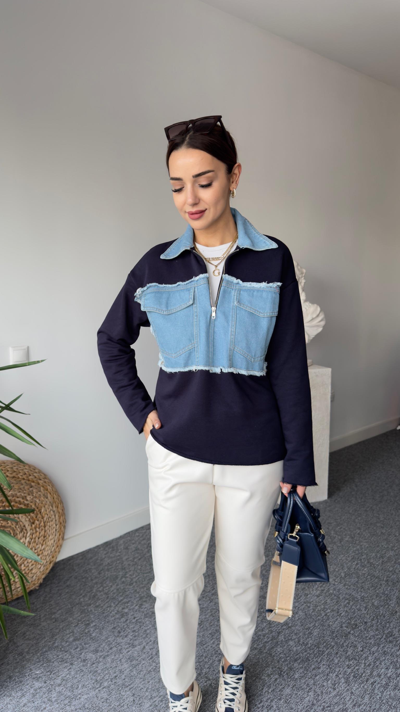 Yarım Fermuar Kotlu Lacivert Sweat