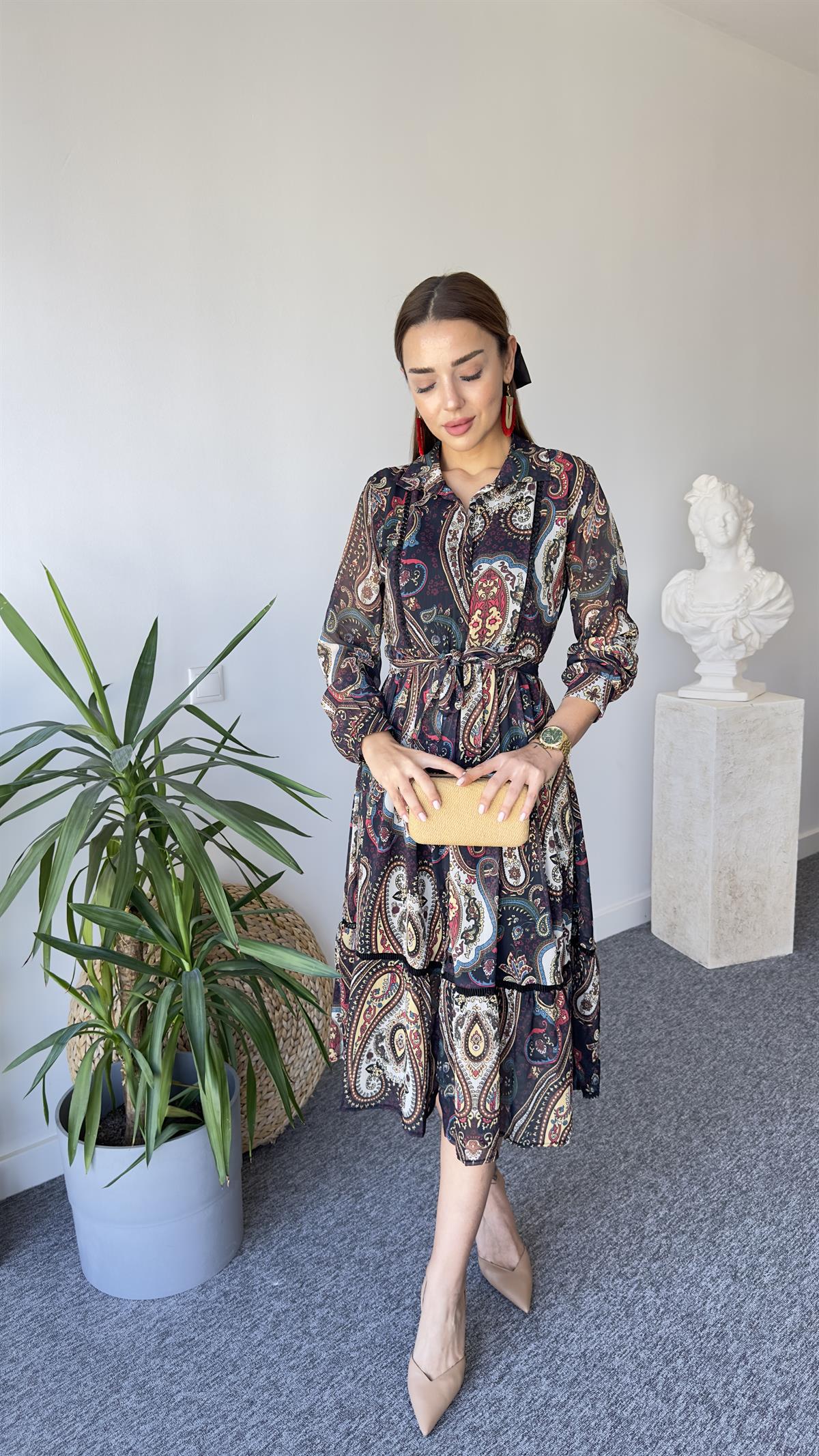 Elina Etnik Desen Şifon Elbise 