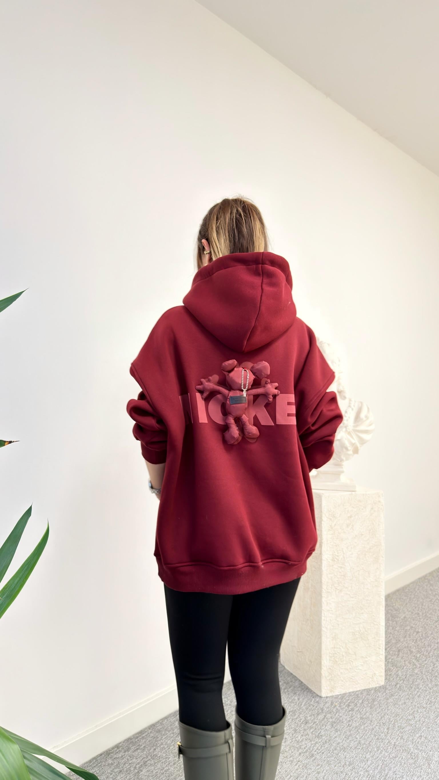 Bordo Sırtı Mickey Aksesuarlı Kapüşonlu Sweatshirt
