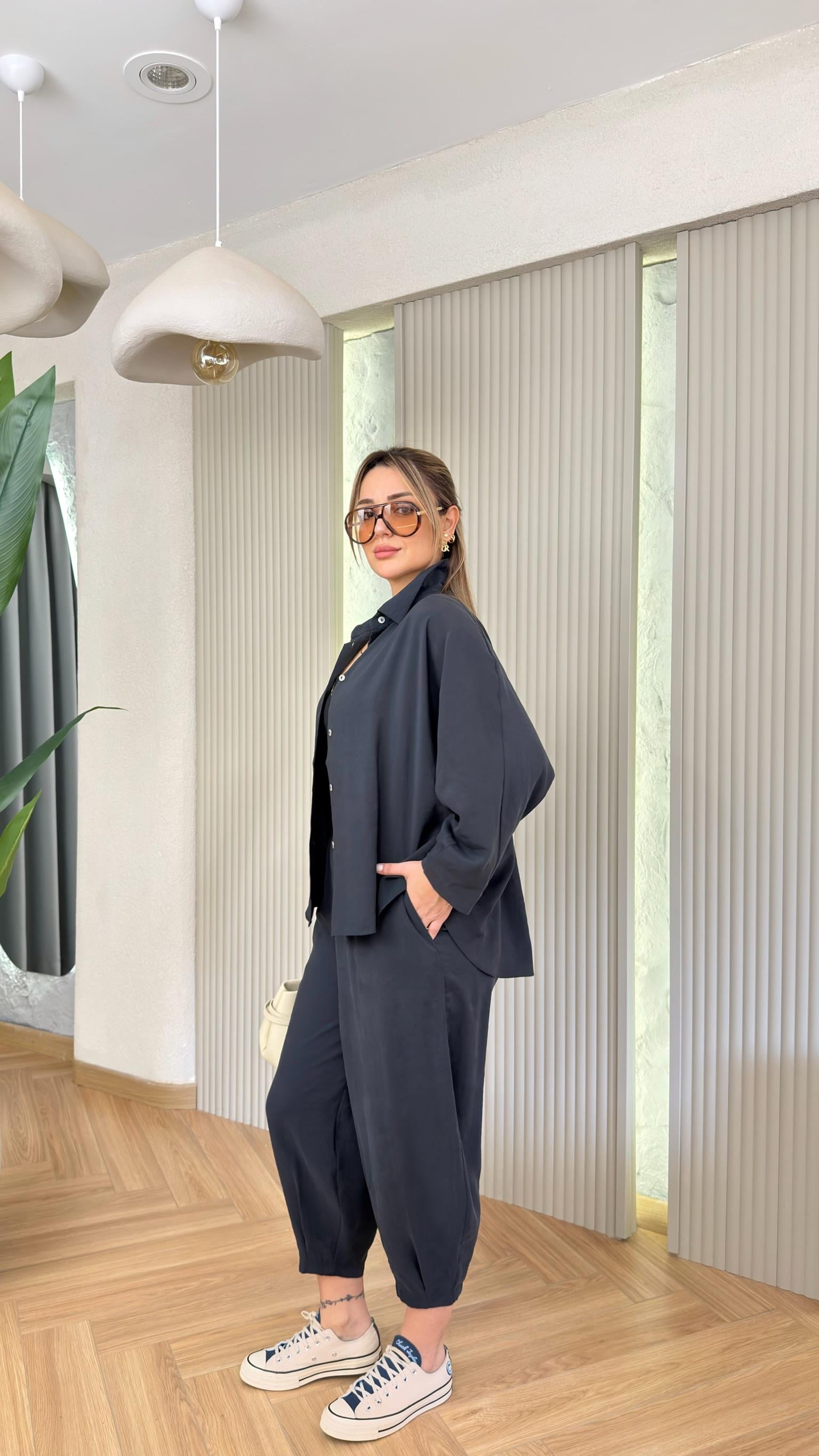 Siyah Odella Tensel Gömlek Pantolon Takım