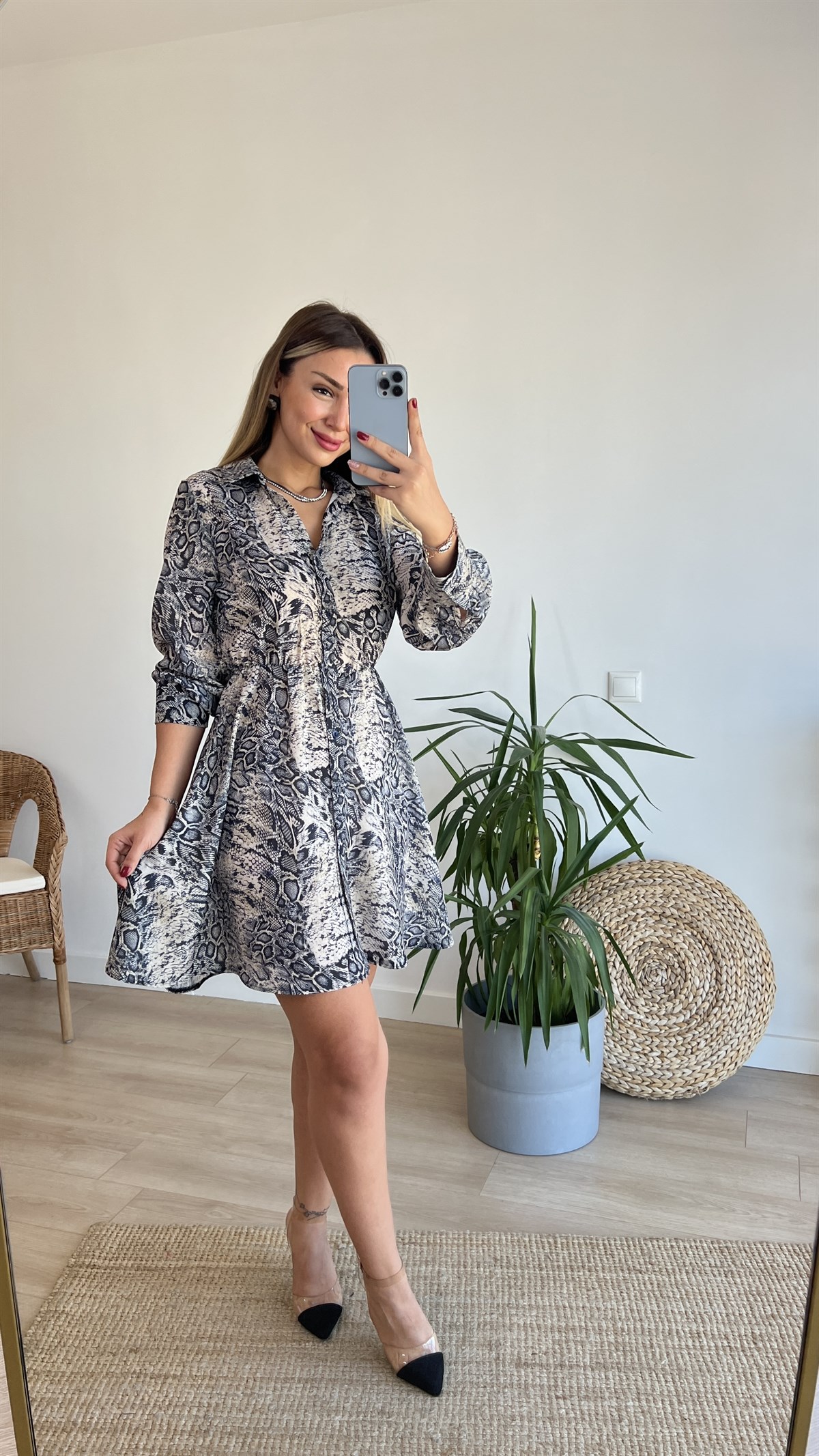  Beli Büzgülü Leopar Desen Elbise 