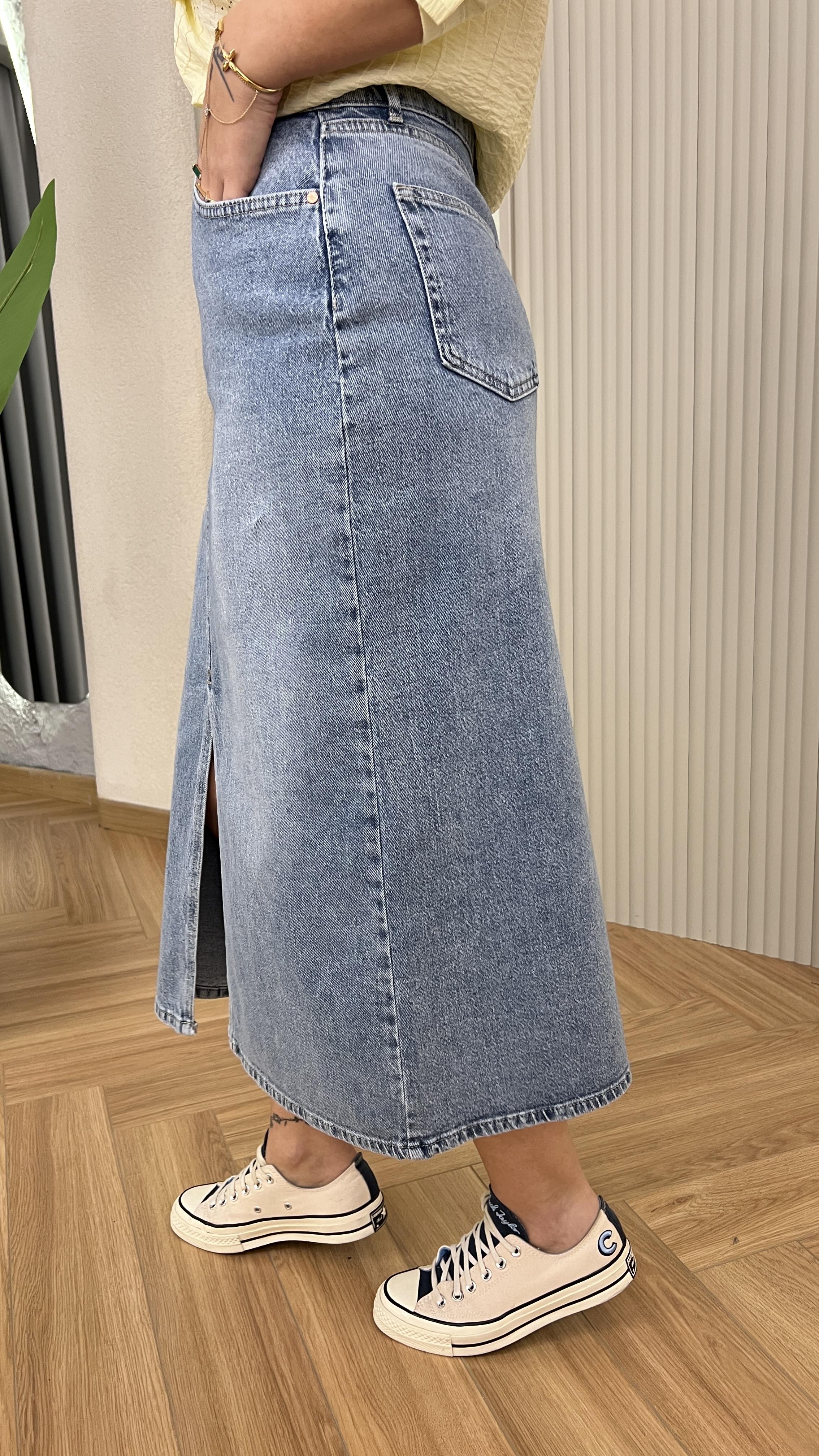 Mavi Quince Önden Yırtmaçlı Kot Etek