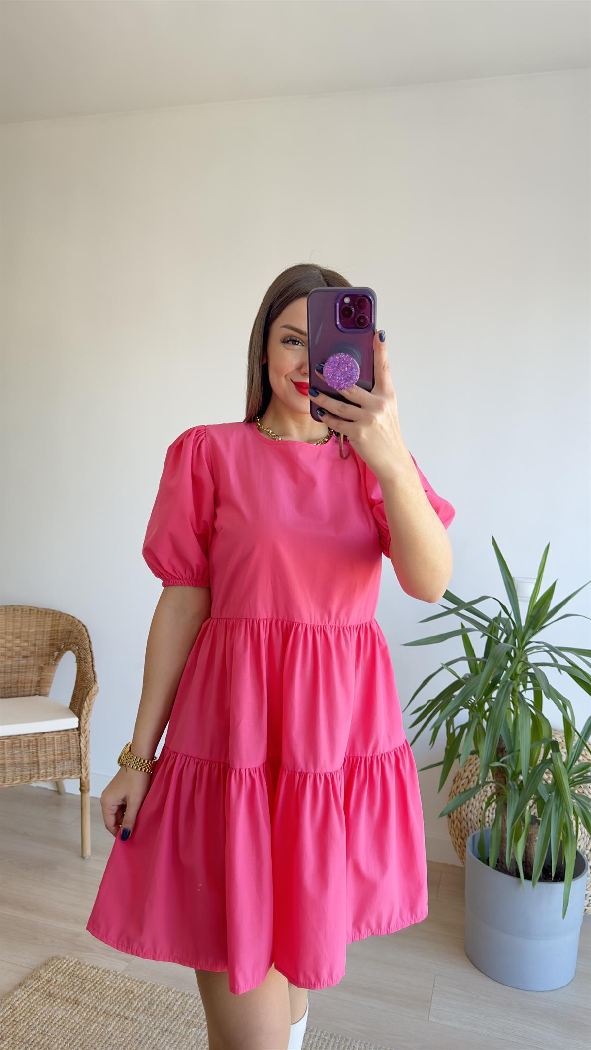 Sırt Pencereli Pembe Poplin Elbise