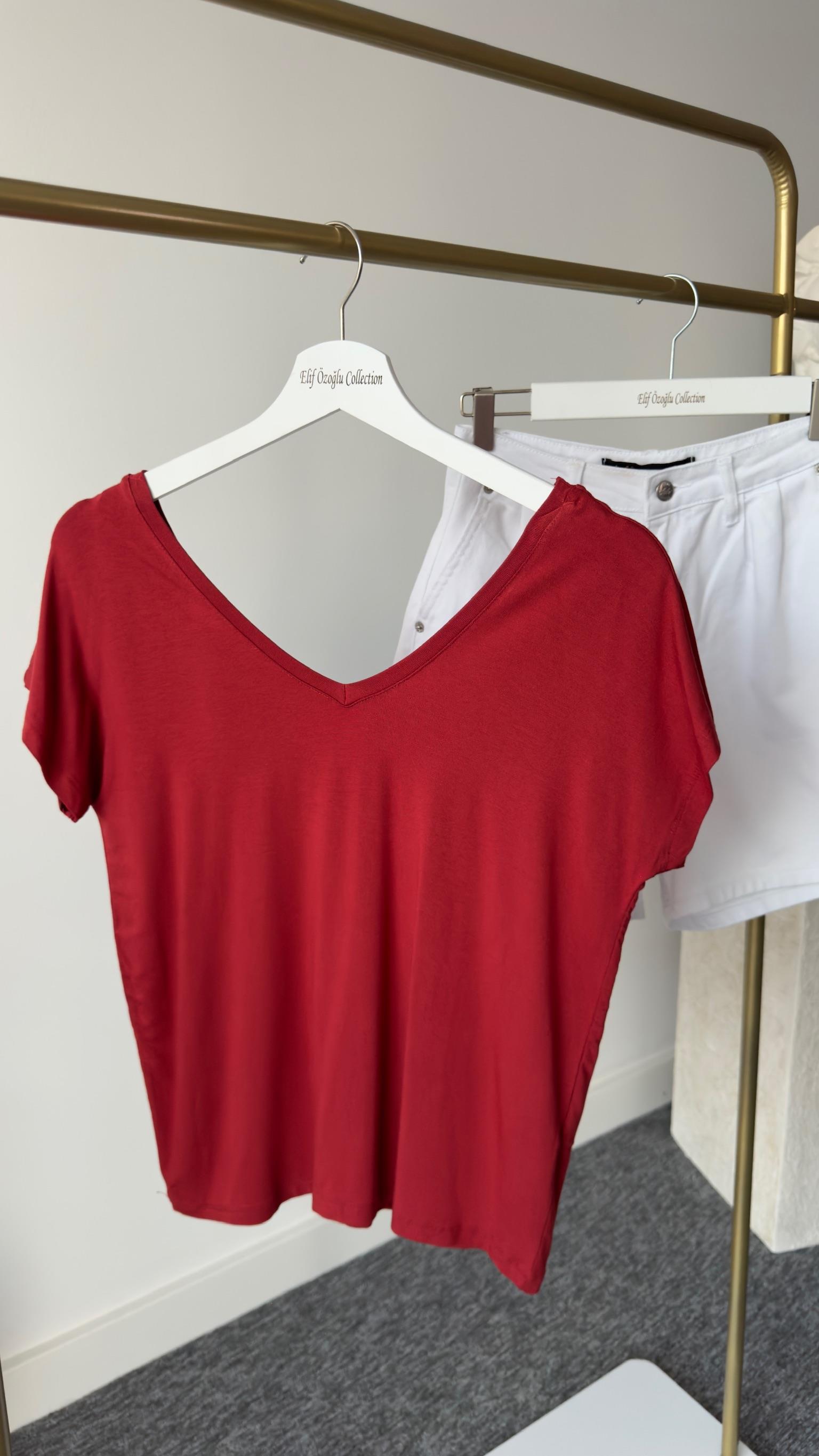 Ön Arka V Yaka Bordo Tshirt